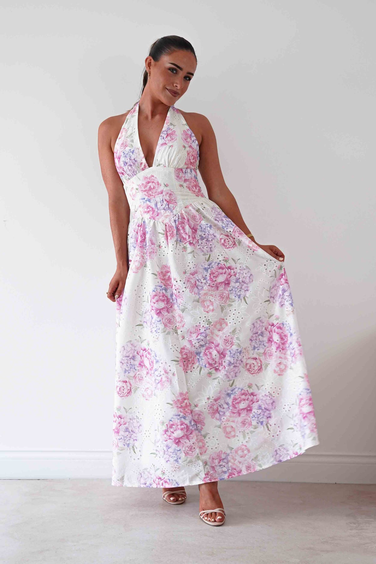 Alicia Broderie Floral Halterneck Midaxi Dress | White/Pink-Oh Hello Clothing