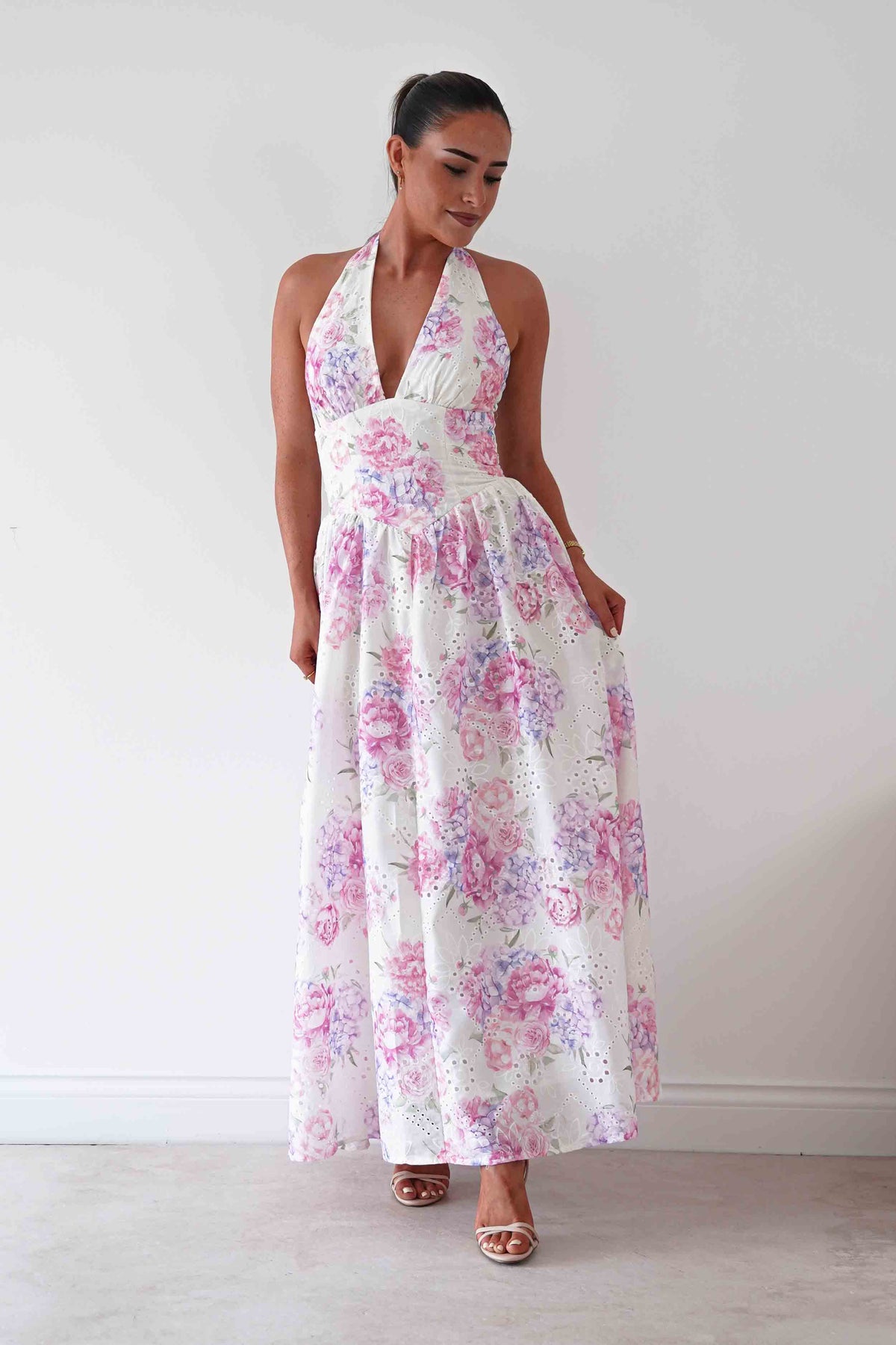 Alicia Broderie Floral Halterneck Midaxi Dress | White/Pink-Oh Hello Clothing