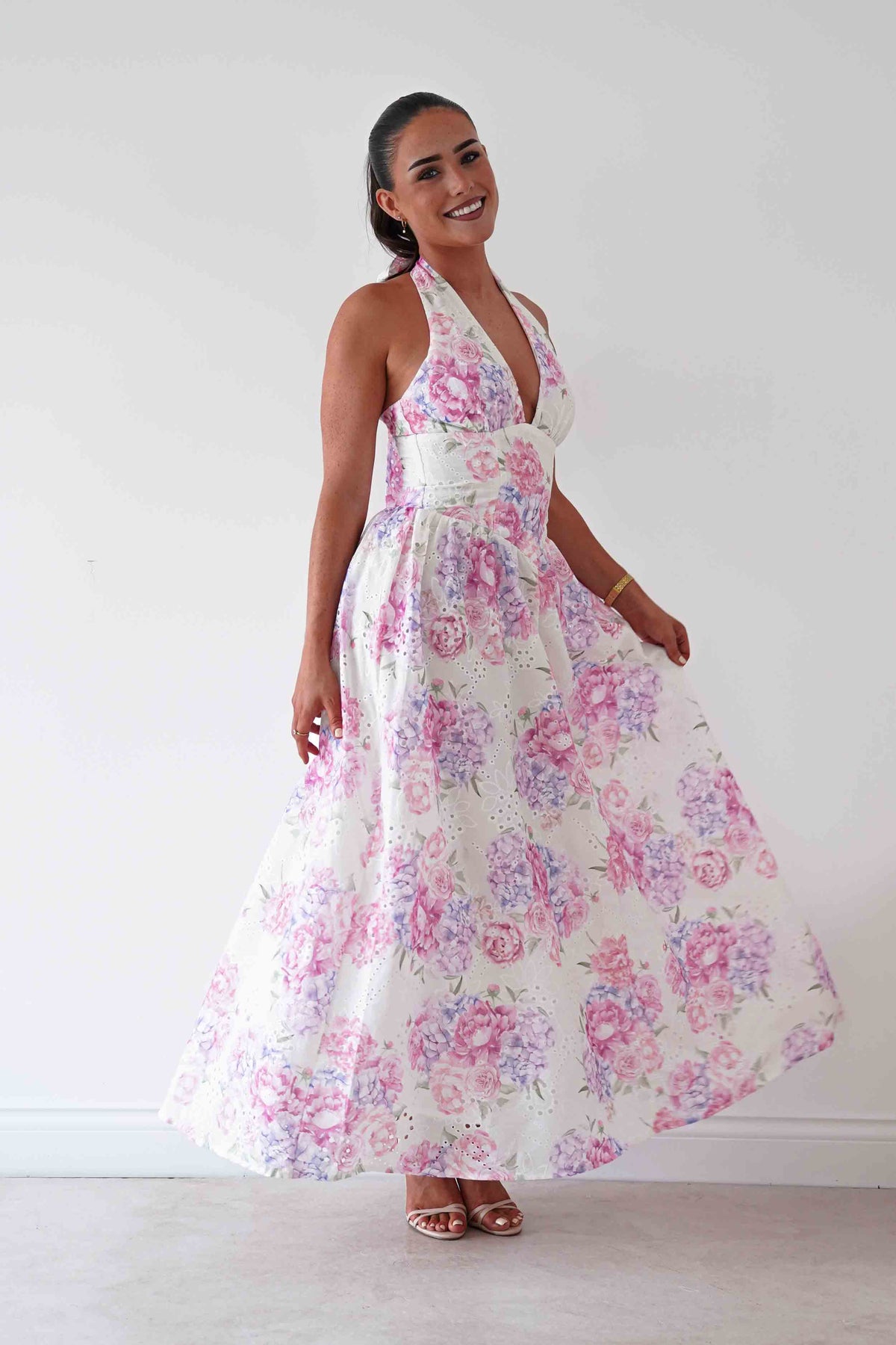 Alicia Broderie Floral Halterneck Midaxi Dress | White/Pink-Oh Hello Clothing