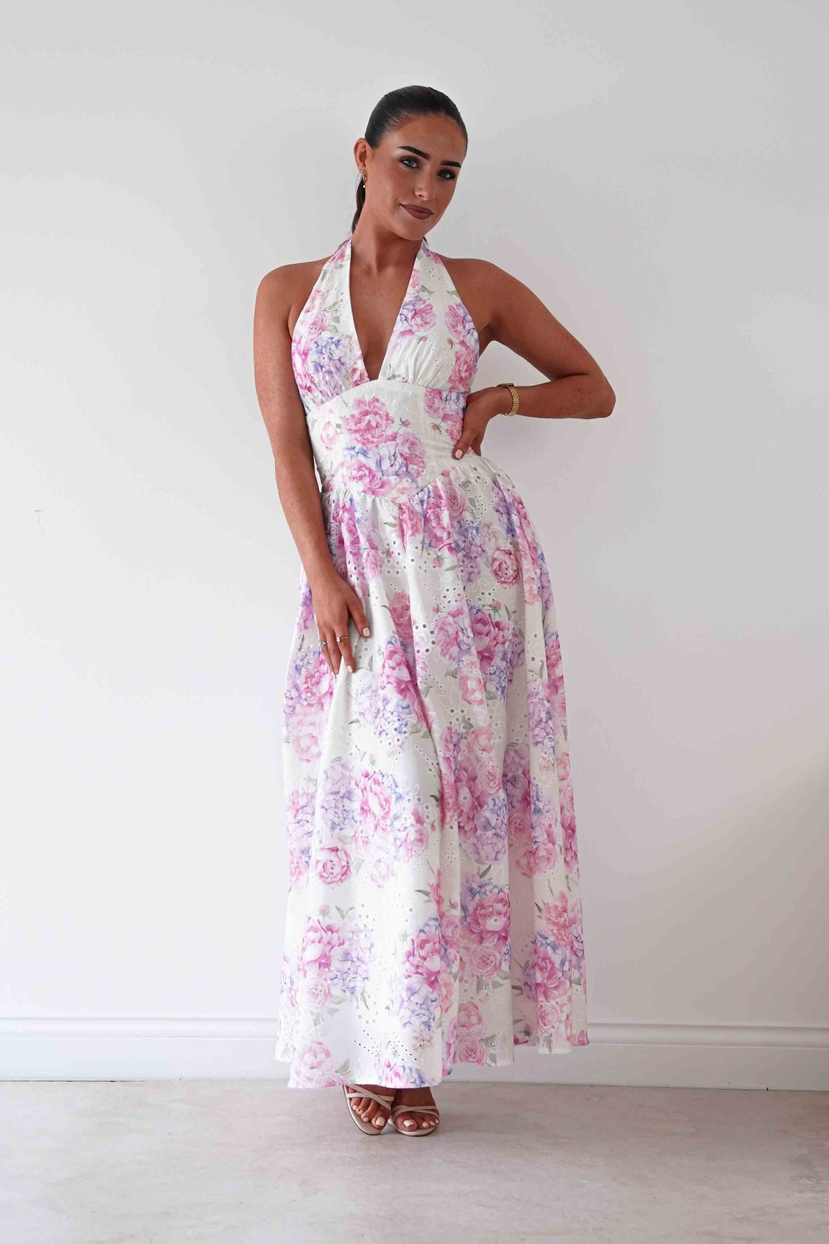 Alicia Broderie Floral Halterneck Midaxi Dress | White/Pink-Oh Hello Clothing
