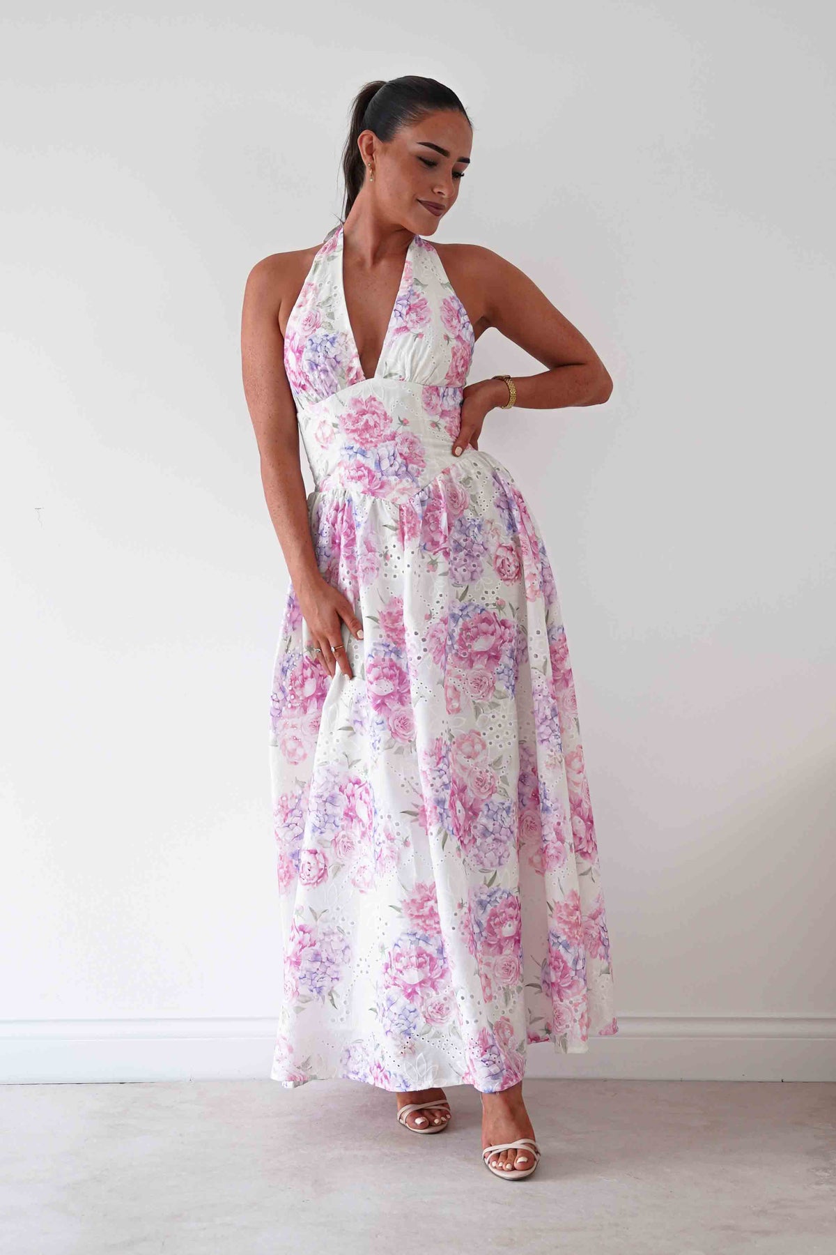 Alicia Broderie Floral Halterneck Midaxi Dress | White/Pink-Oh Hello Clothing