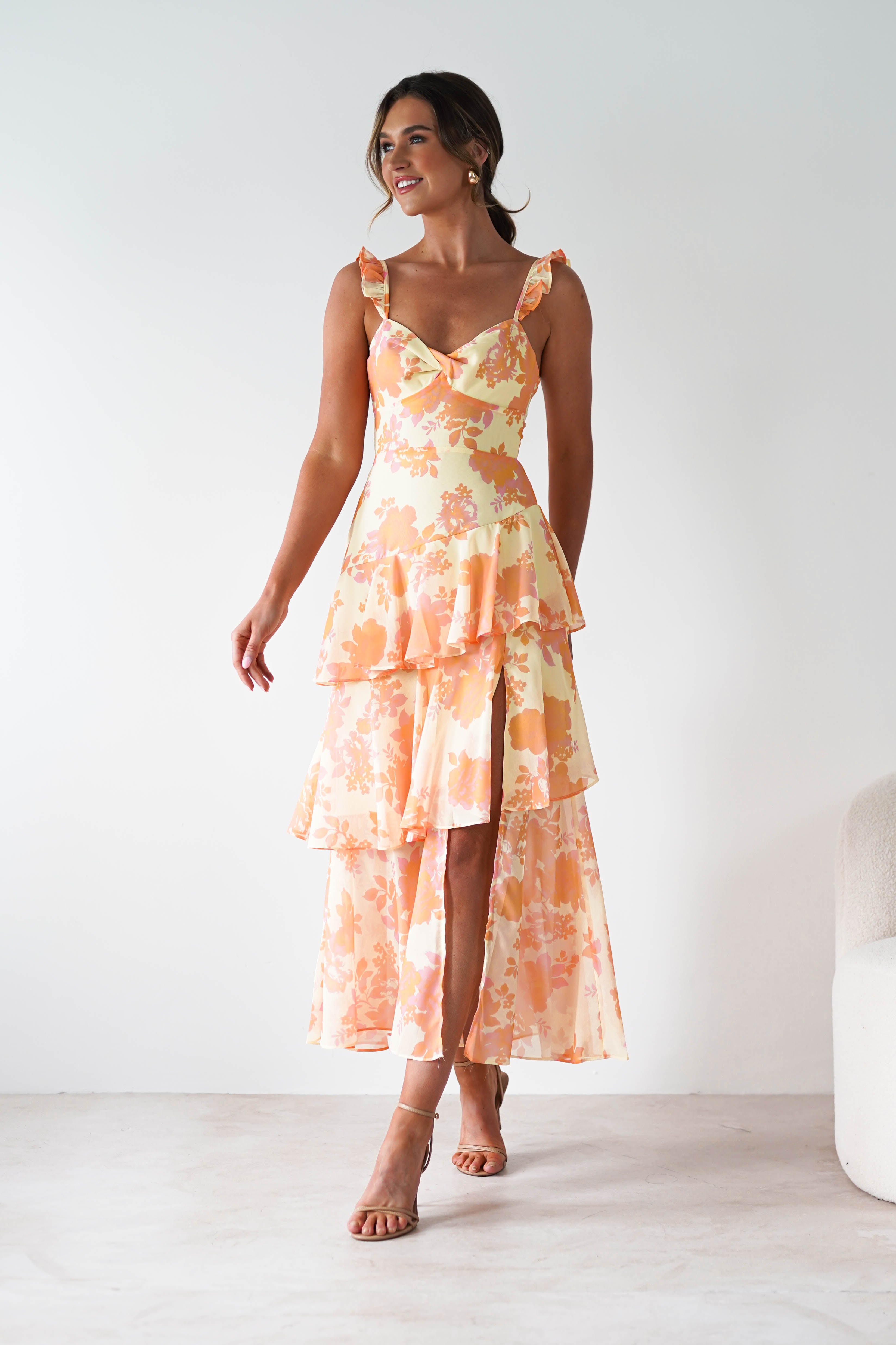 Allie Ruffle Floral Maxi Dress Yellow/Peach | Wedding Guest Dress | Maxi | Oh Hello Clothing