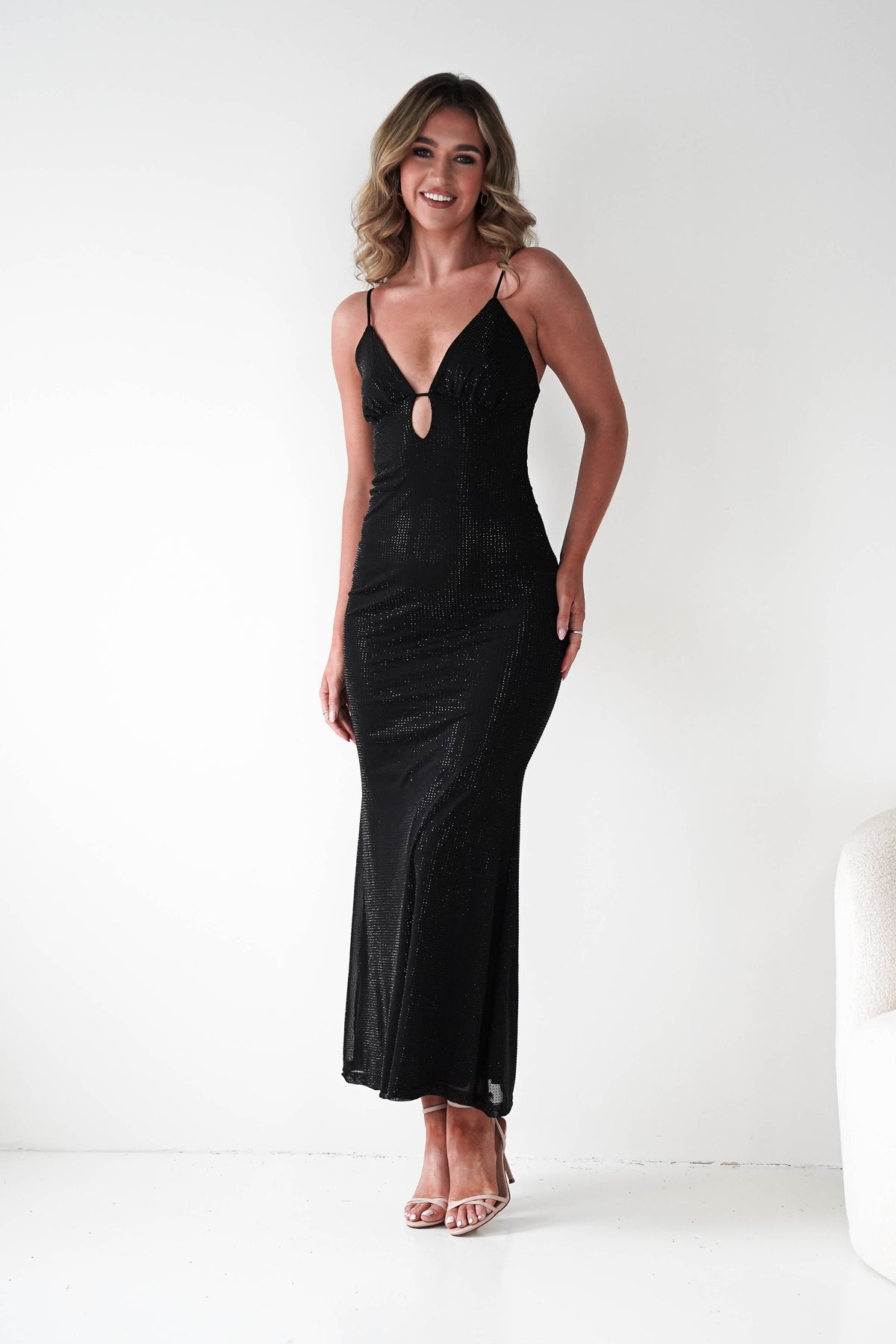 Almarie Diamante Mesh V-Neck Maxi Dress | Black-Oh Hello Clothing