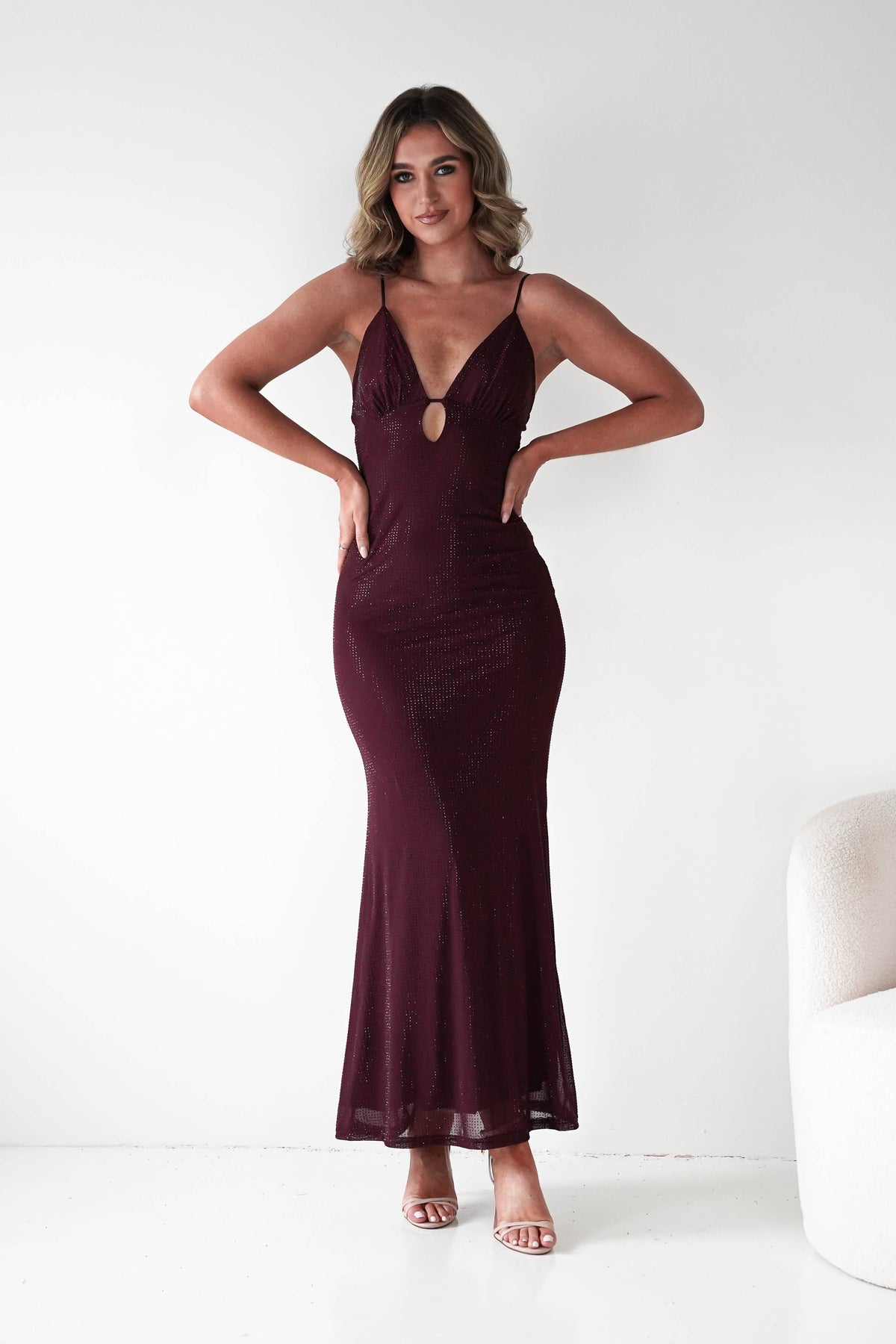 Almarie Diamante Mesh V-Neck Maxi Dress | Wine-Oh Hello Clothing