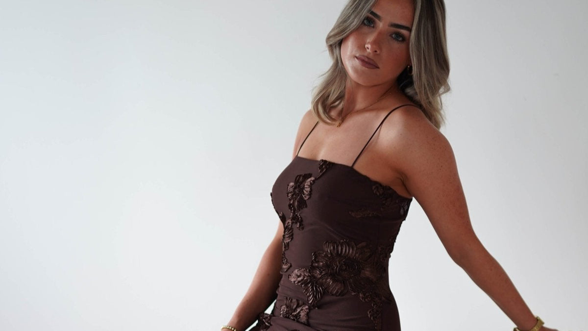 Alvana Floral Appliqué Maxi Dress | Brown-Oh Hello Clothing