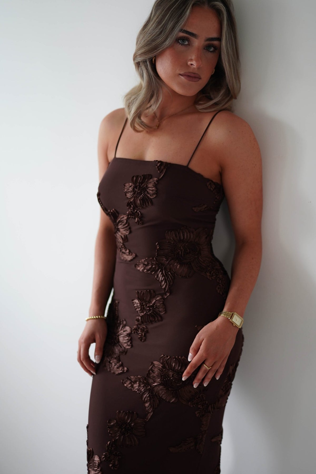 Alvana Floral Appliqué Maxi Dress | Brown-Oh Hello Clothing