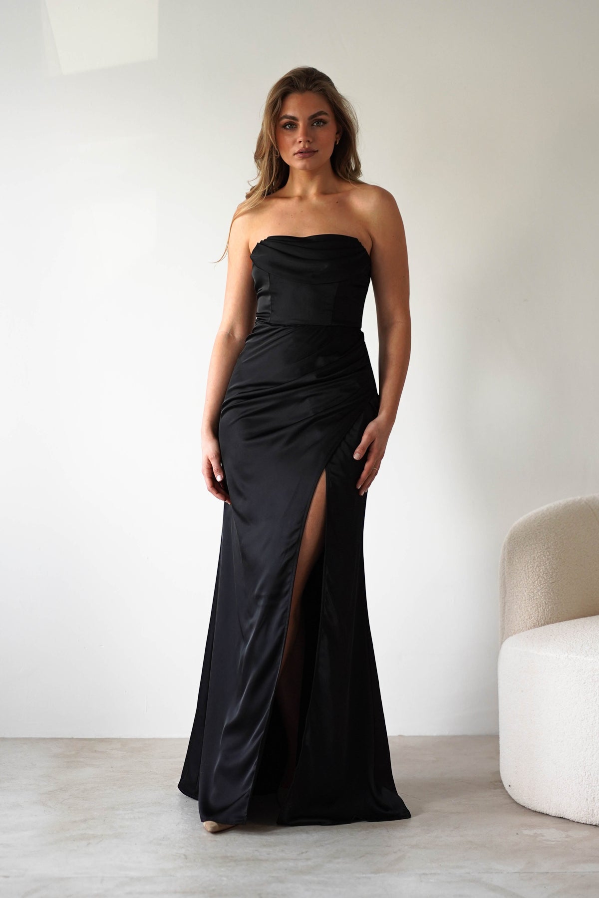 Alyce Soft Satin Strapless Gown | Black-Oh Hello Clothing