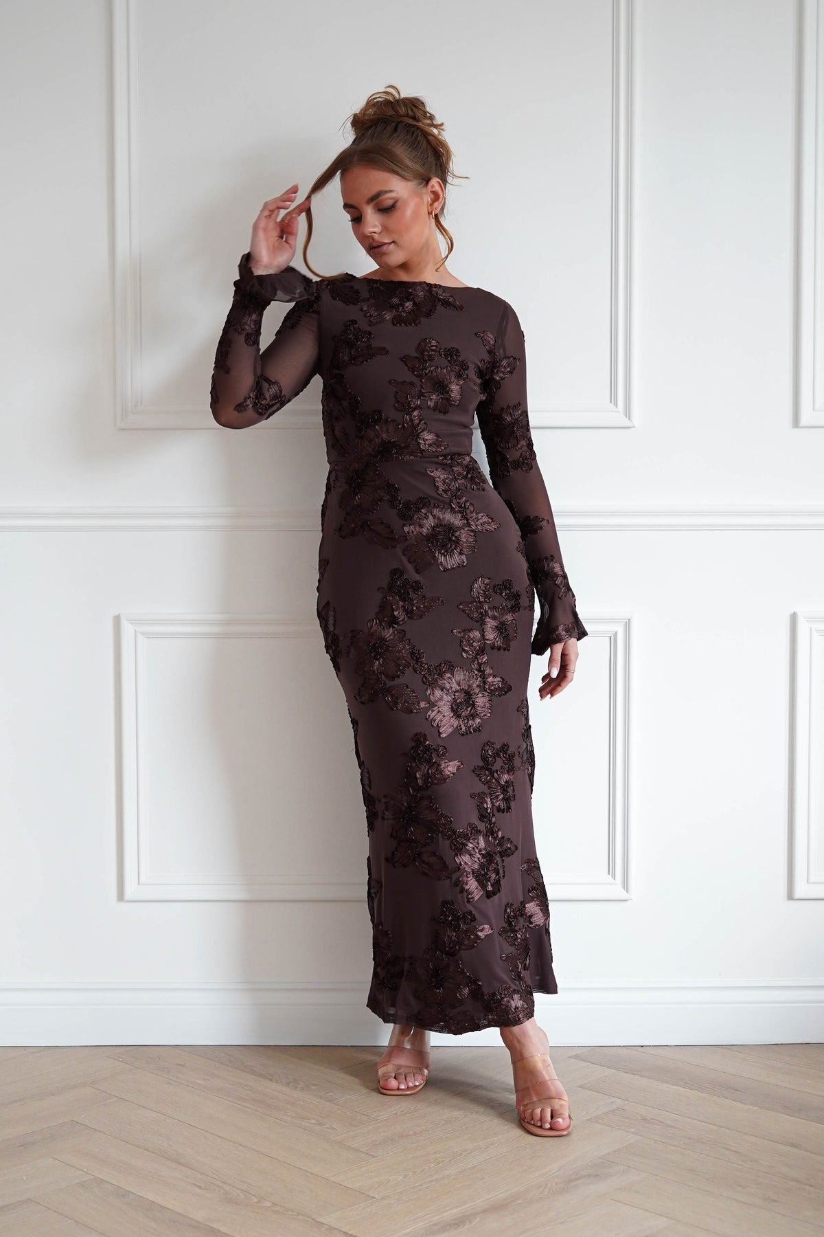 Amelita Long Sleeve Textured Maxi Dress | Brown-Oh Hello Clothing