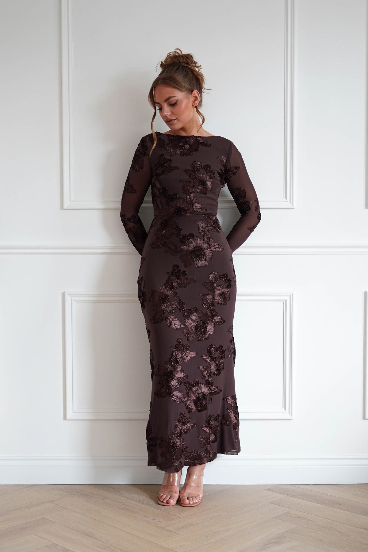 Amelita Long Sleeve Textured Maxi Dress | Brown-Oh Hello Clothing