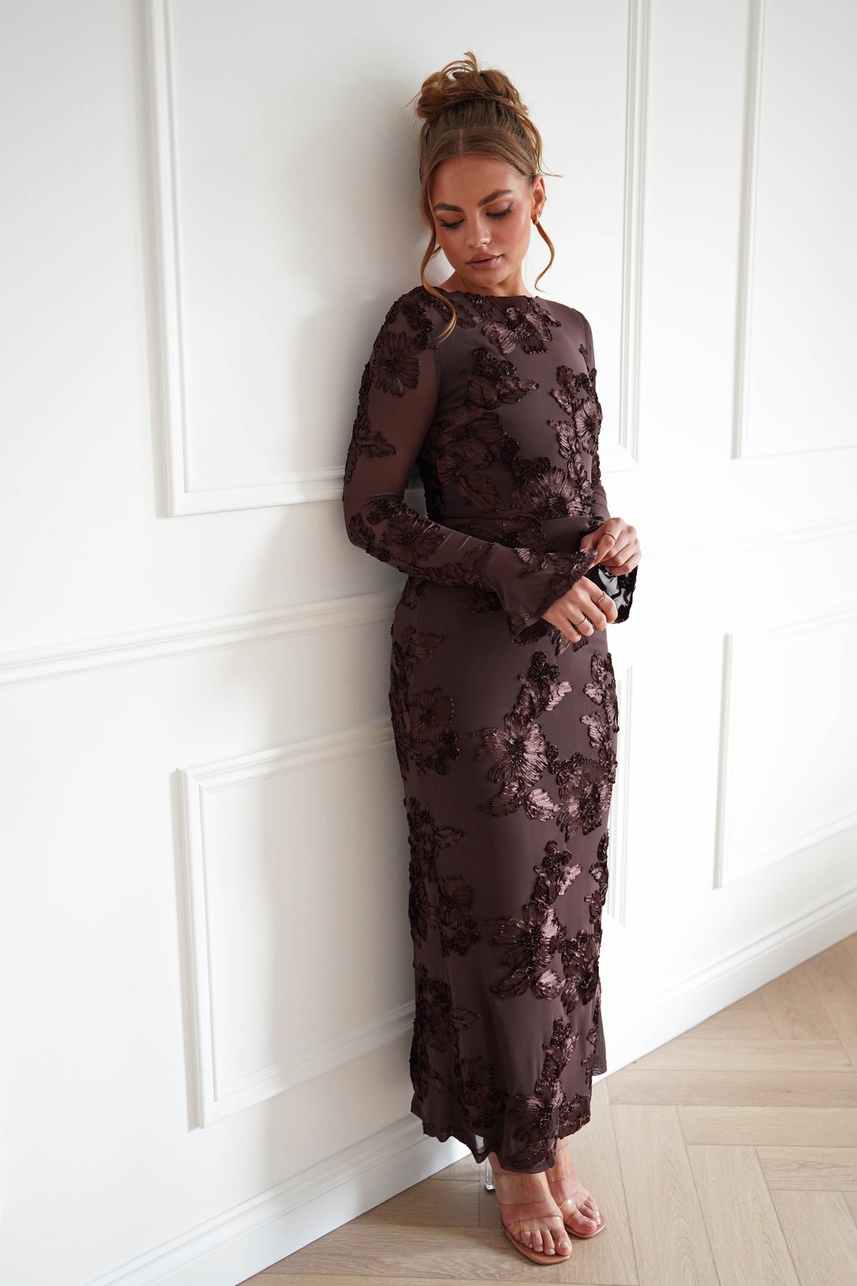 Amelita Long Sleeve Textured Maxi Dress | Brown-Oh Hello Clothing