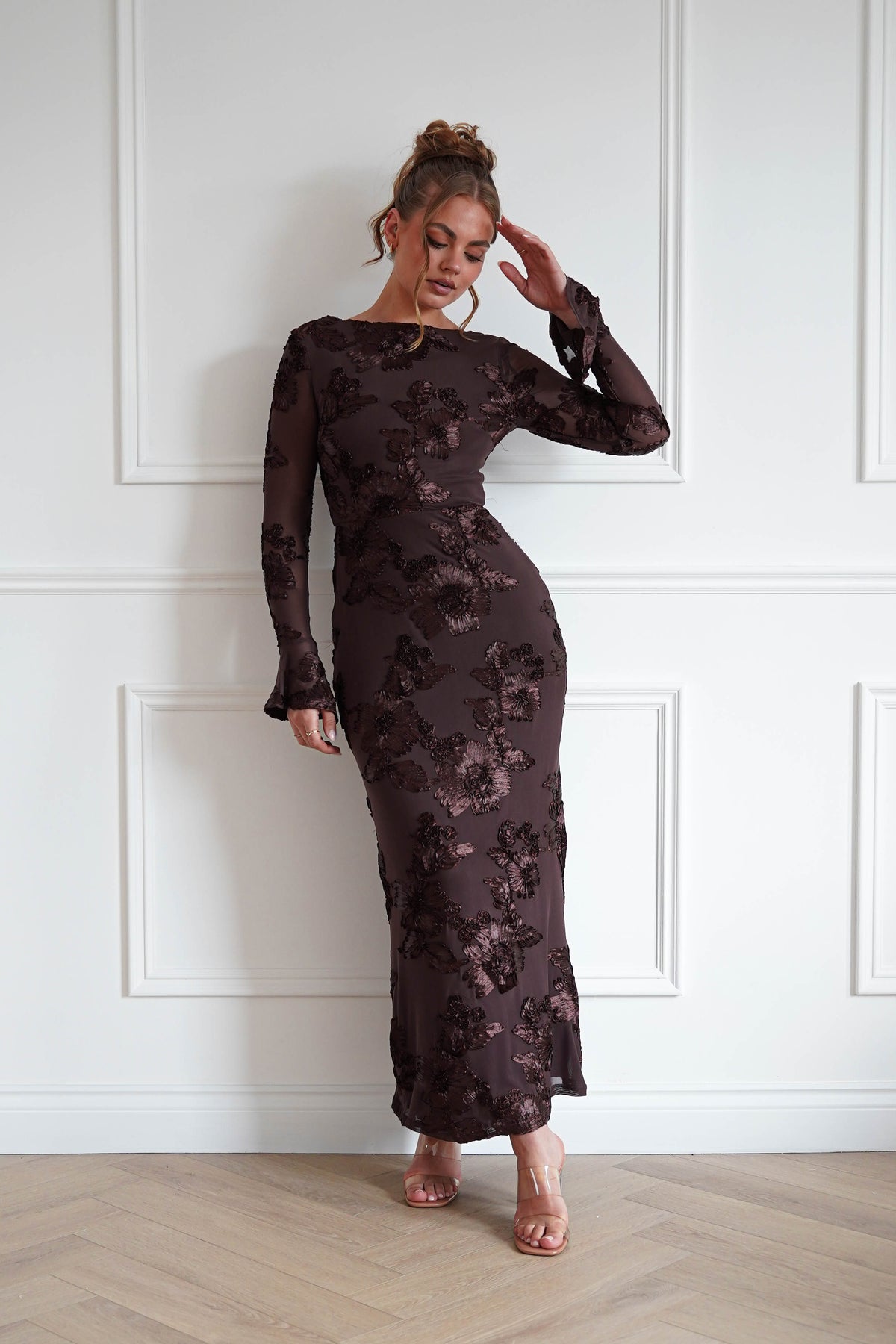 Amelita Long Sleeve Textured Maxi Dress | Brown-Oh Hello Clothing