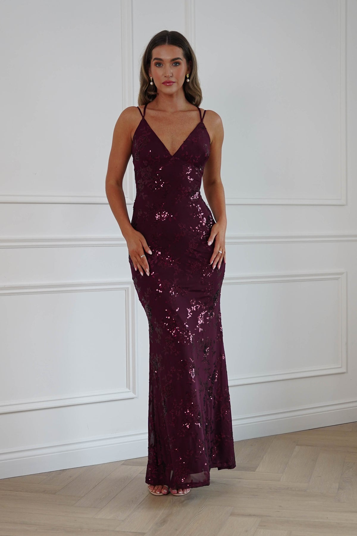 Oh Hello Clothing Dresses > Prom Dresses Andria Floral Sequin Maxi Gown | Wine