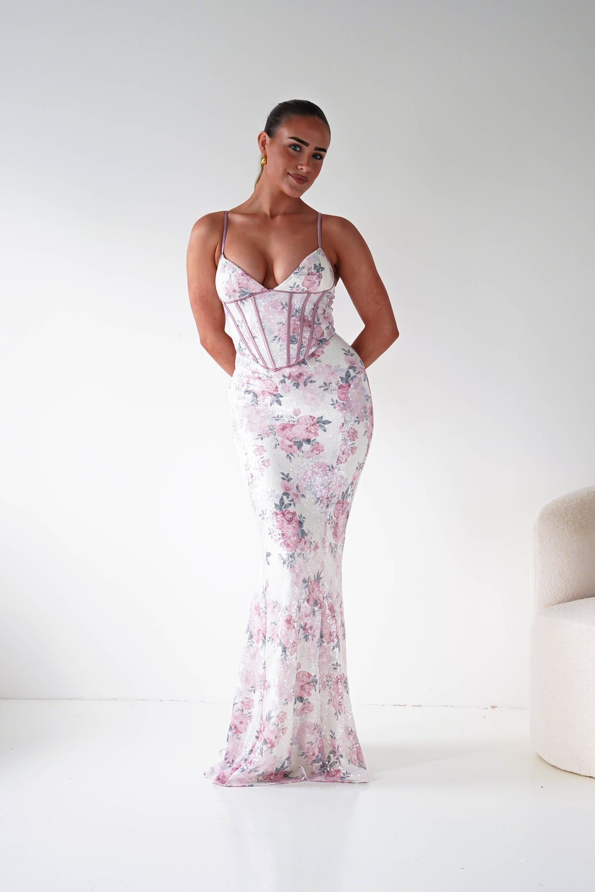 Anessa Floral Sequin Corset Maxi Dress | Beige/Pink-Oh Hello Clothing