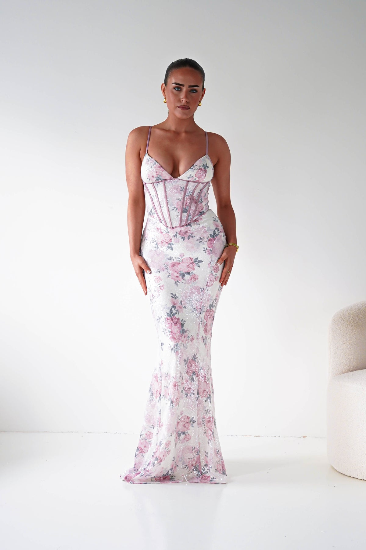 Anessa Floral Sequin Corset Maxi Dress | Beige/Pink-Oh Hello Clothing