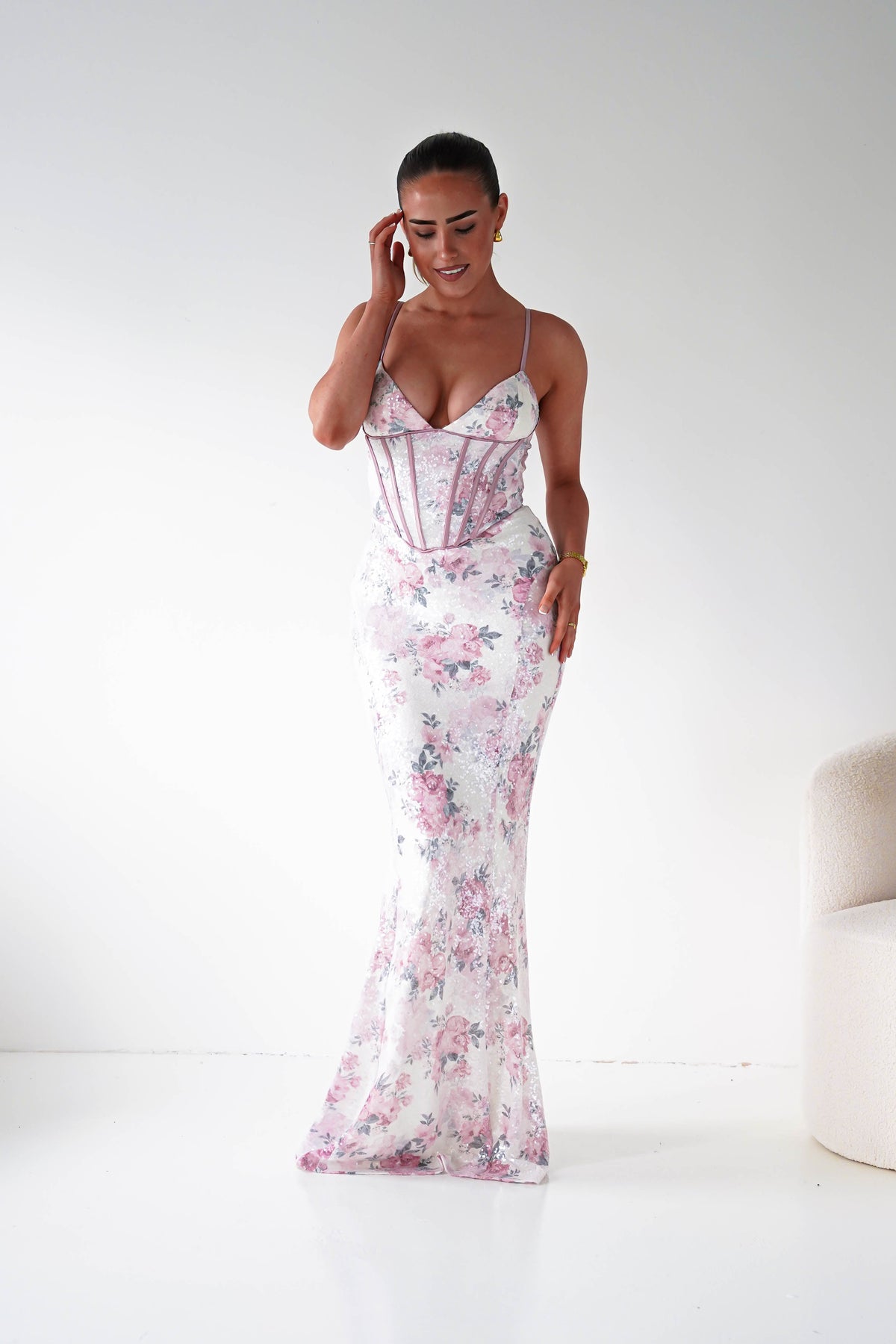 Anessa Floral Sequin Corset Maxi Dress | Beige/Pink-Oh Hello Clothing