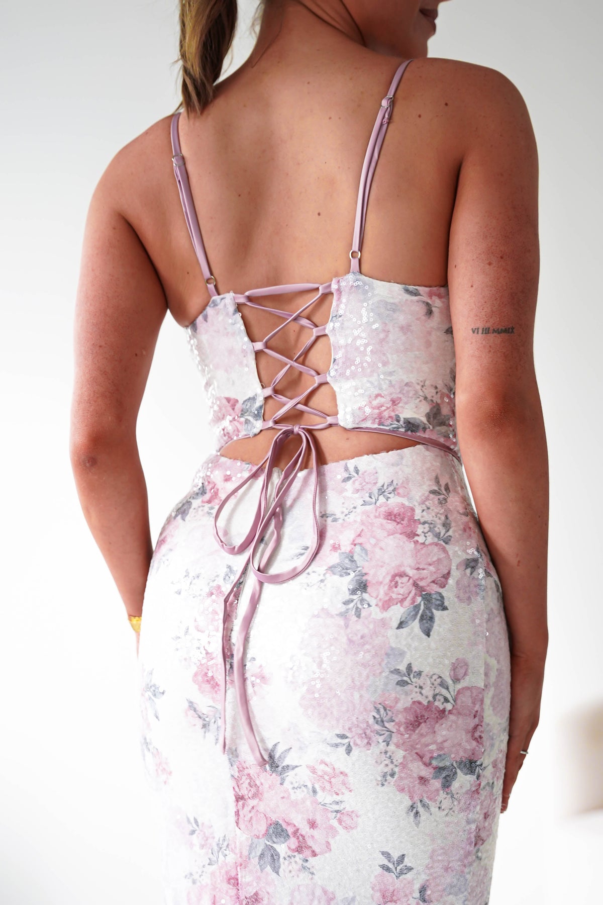 Anessa Floral Sequin Corset Maxi Dress | Beige/Pink-Oh Hello Clothing