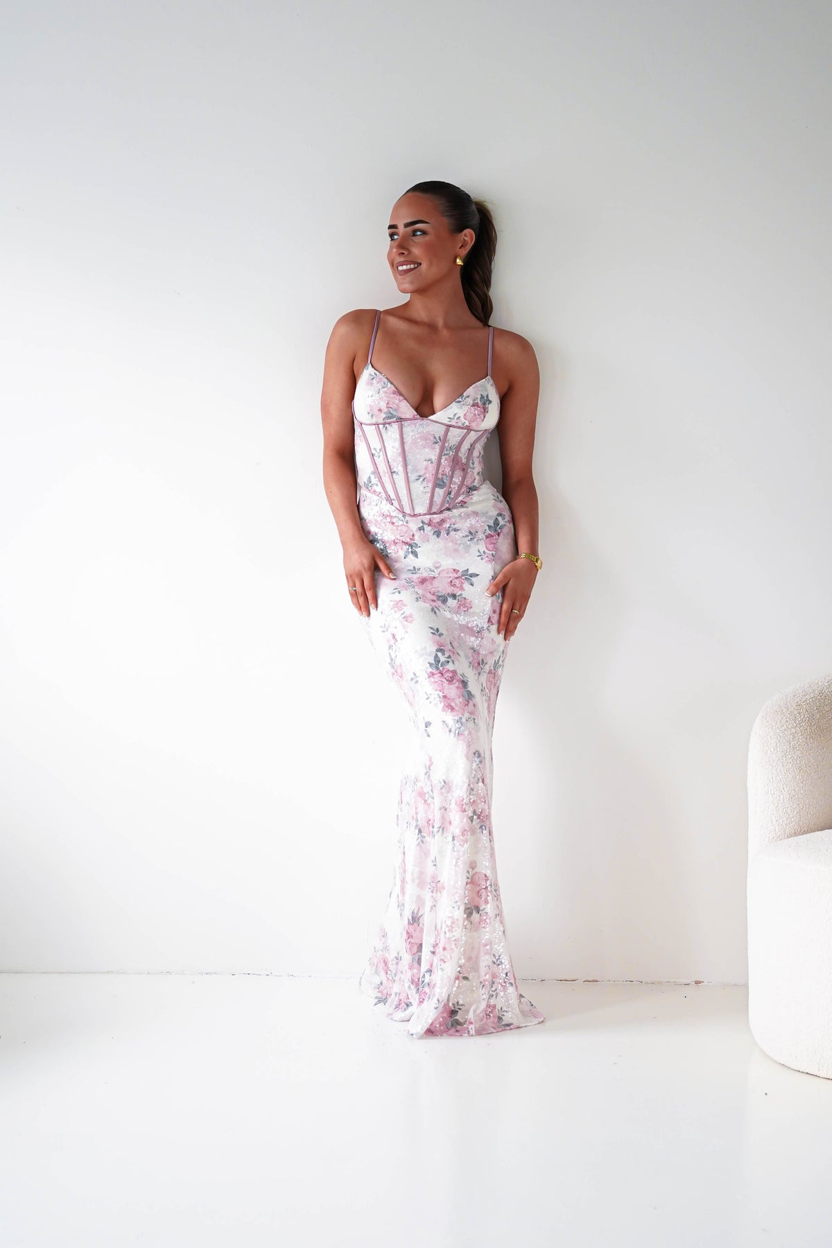 Anessa Floral Sequin Corset Maxi Dress | Beige/Pink-Oh Hello Clothing