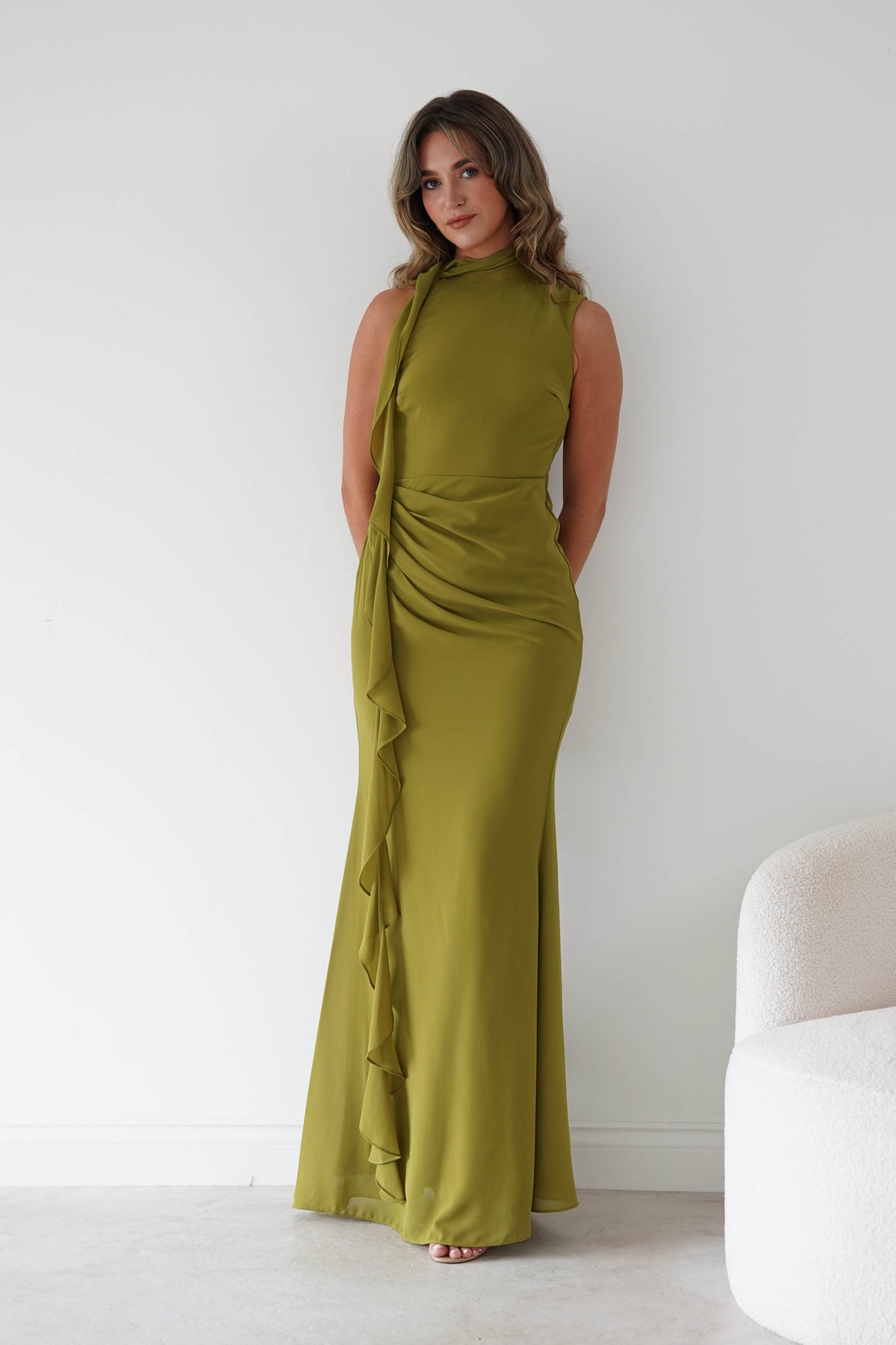 Aoife Draped Rosette Maxi Dress | Chartreuse Green-Oh Hello Clothing