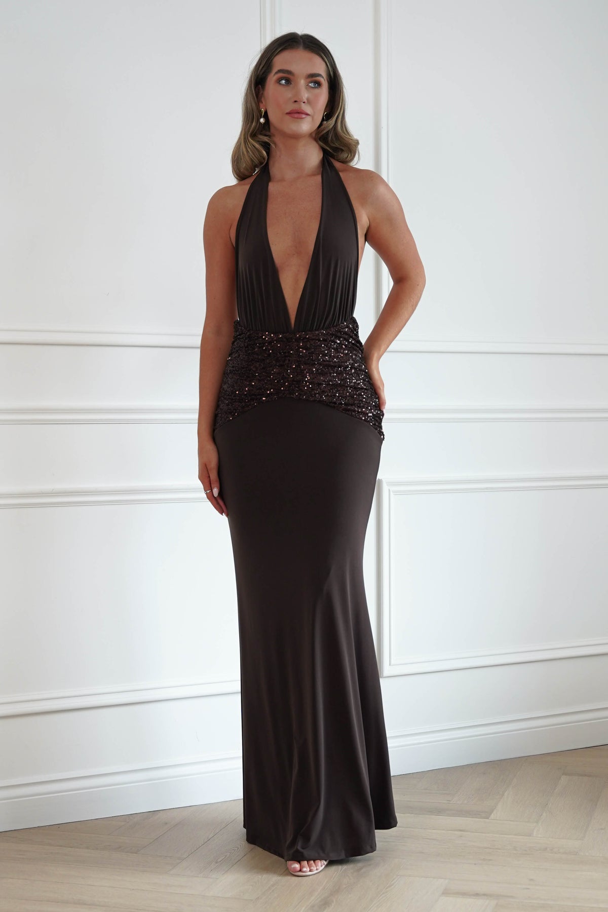 Oh Hello Clothing Women > Clothing > Dresses Aribella Plunge Halternect Sequin Maxi Dress | Brown