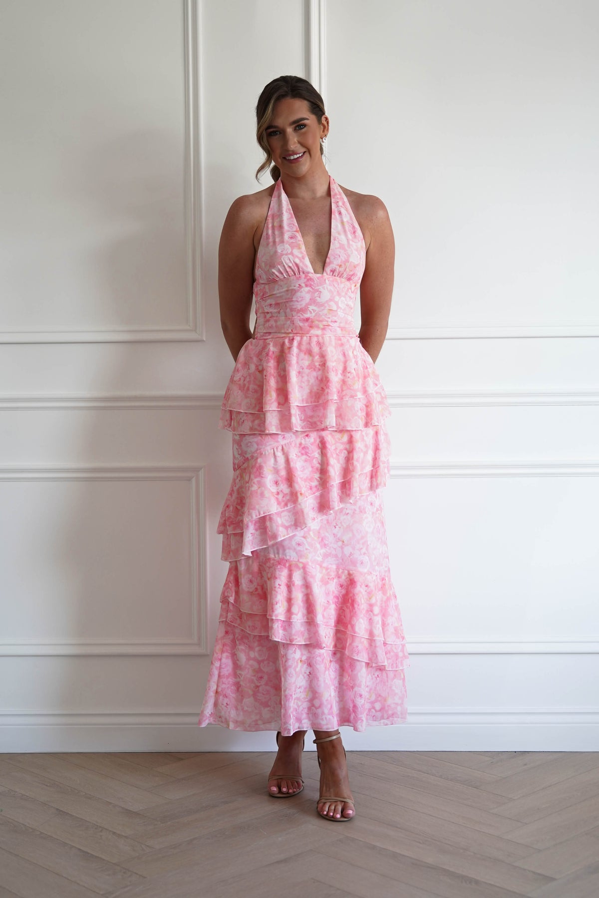 Aryanna Tiered Halter Maxi Dress | Pink Print-Oh Hello Clothing