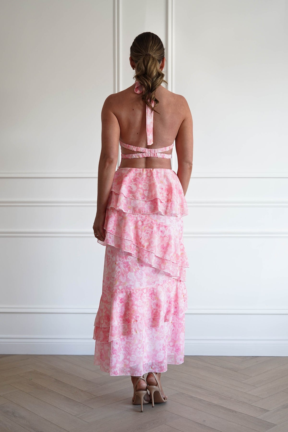 Aryanna Tiered Halter Maxi Dress | Pink Print-Oh Hello Clothing