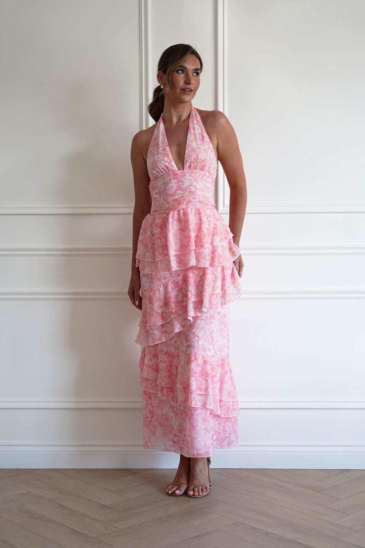 Aryanna Tiered Halter Maxi Dress | Pink Print-Oh Hello Clothing