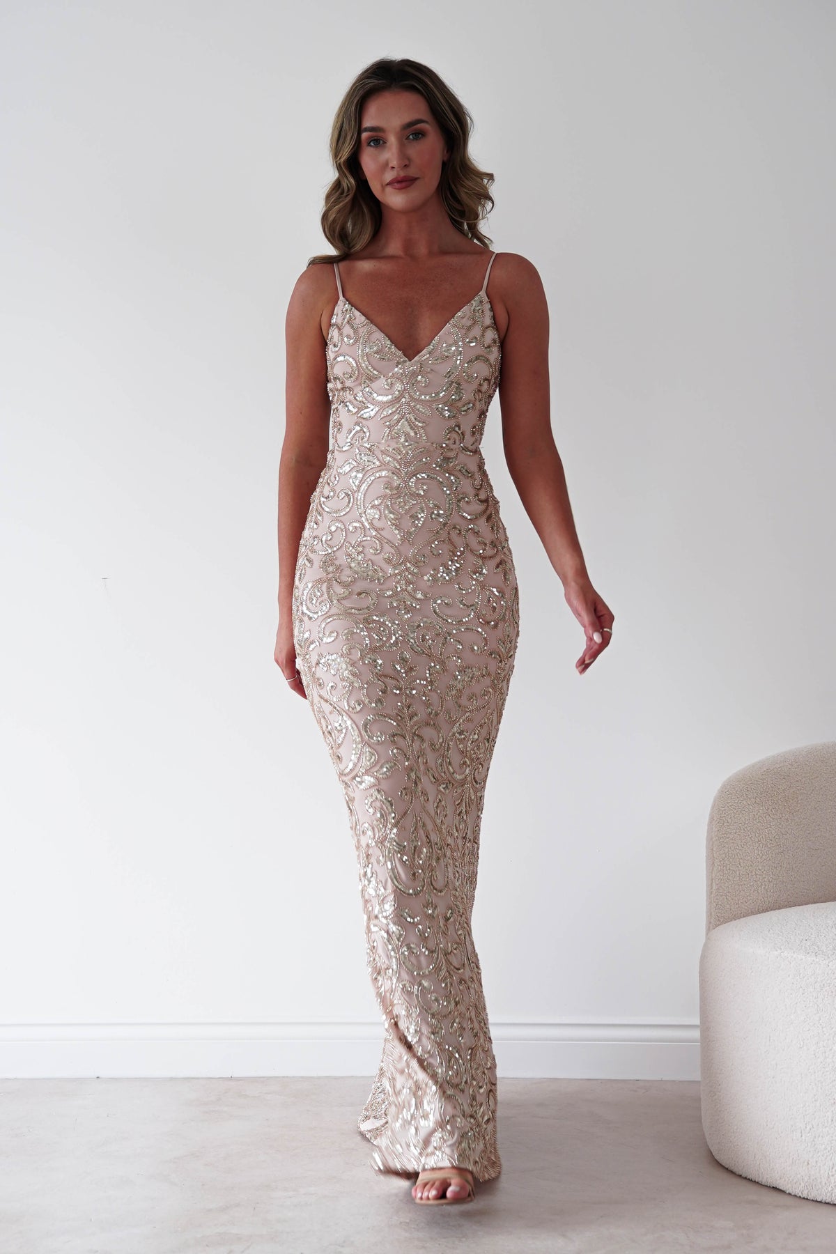 Aster Iridescent Beaded Embellished Gown | Gold-Oh Hello Clothing