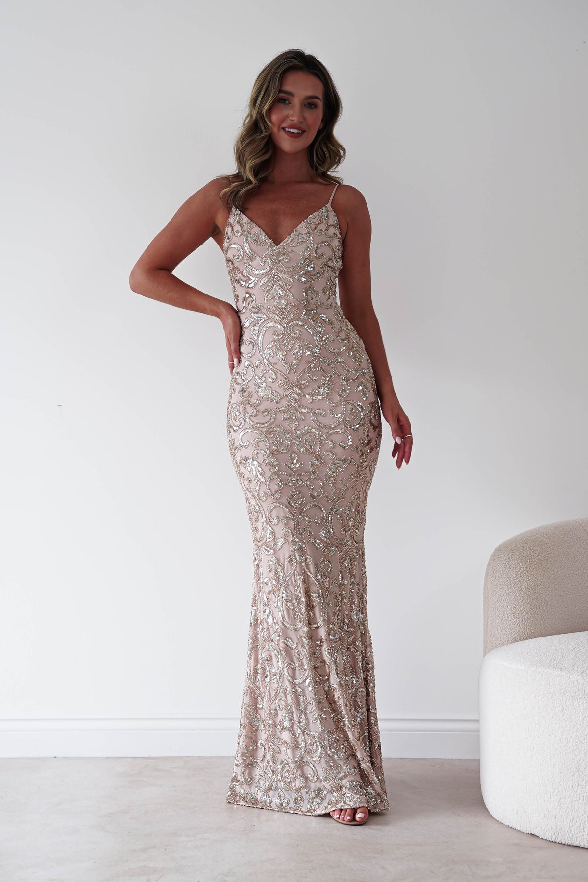 Aster Iridescent Beaded Embellished Gown | Gold-Oh Hello Clothing
