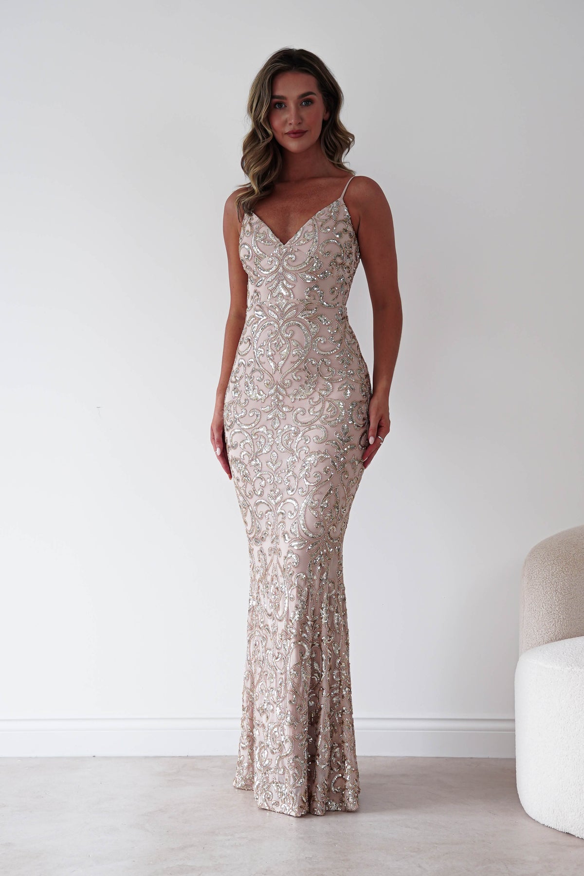Aster Iridescent Beaded Embellished Gown | Gold-Oh Hello Clothing
