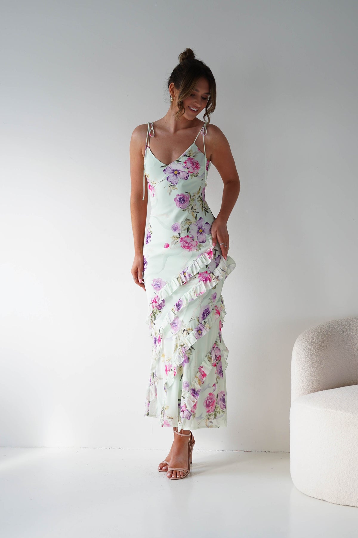 Athena Ruffle Floral Print Maxi | Mint Green-Oh Hello Clothing