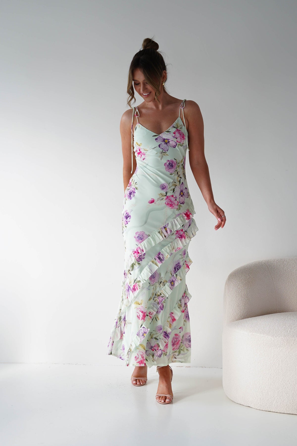 Athena Ruffle Floral Print Maxi | Mint Green-Oh Hello Clothing
