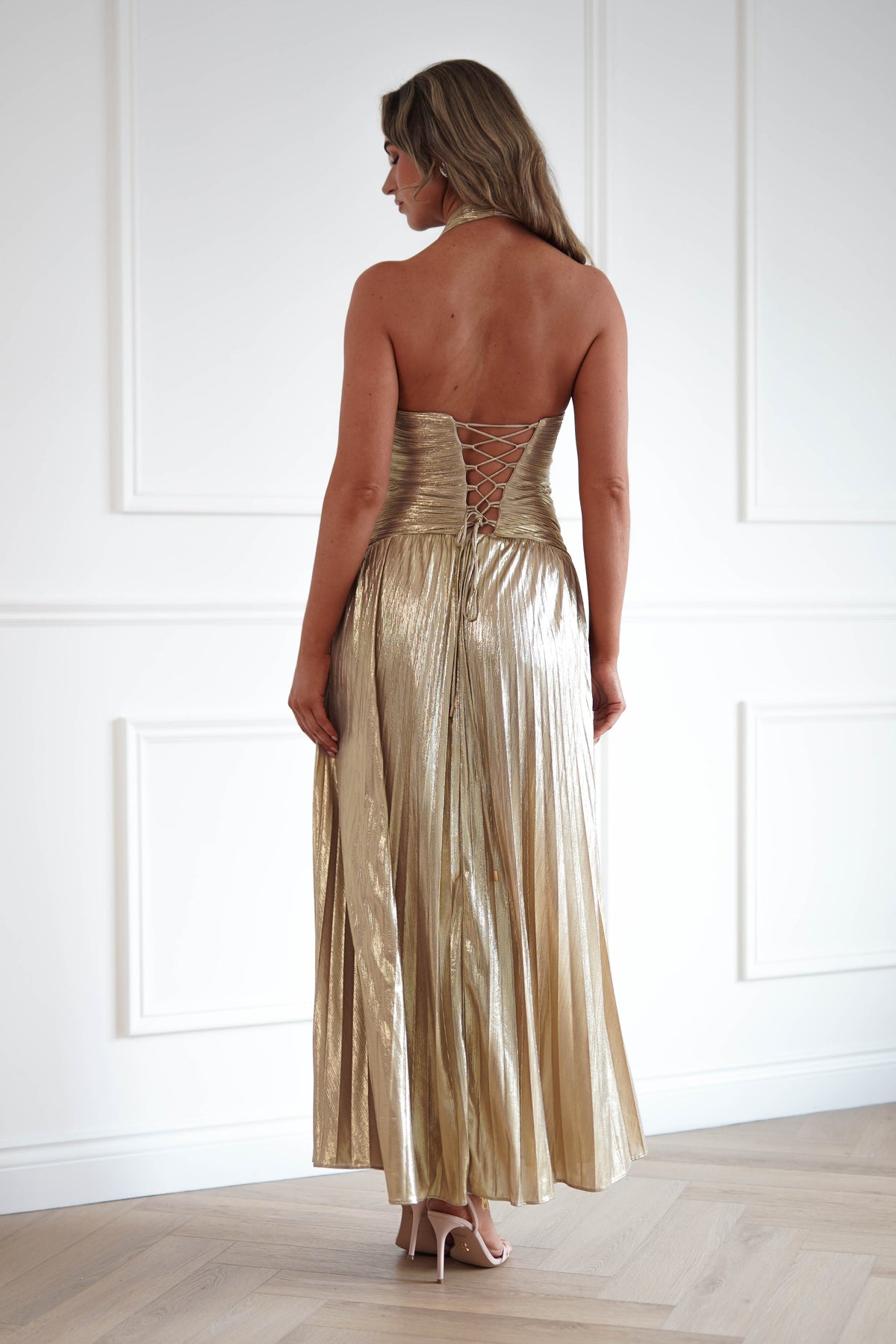 Oh Hello Clothing Women > Clothing > Dresses Aurelia Pleated Halterneck Maxi Gown | Champagne Gold