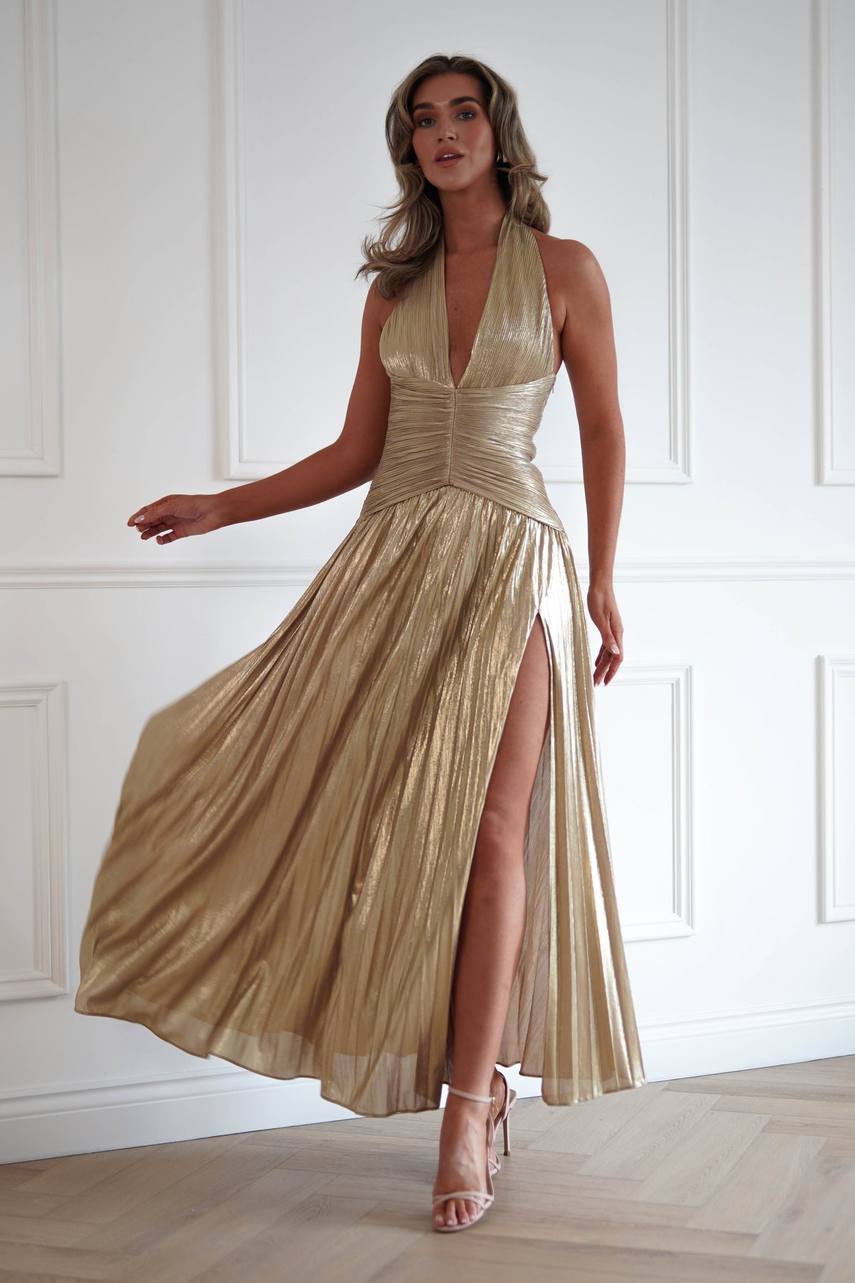 Oh Hello Clothing Women > Clothing > Dresses Aurelia Pleated Halterneck Maxi Gown | Champagne Gold