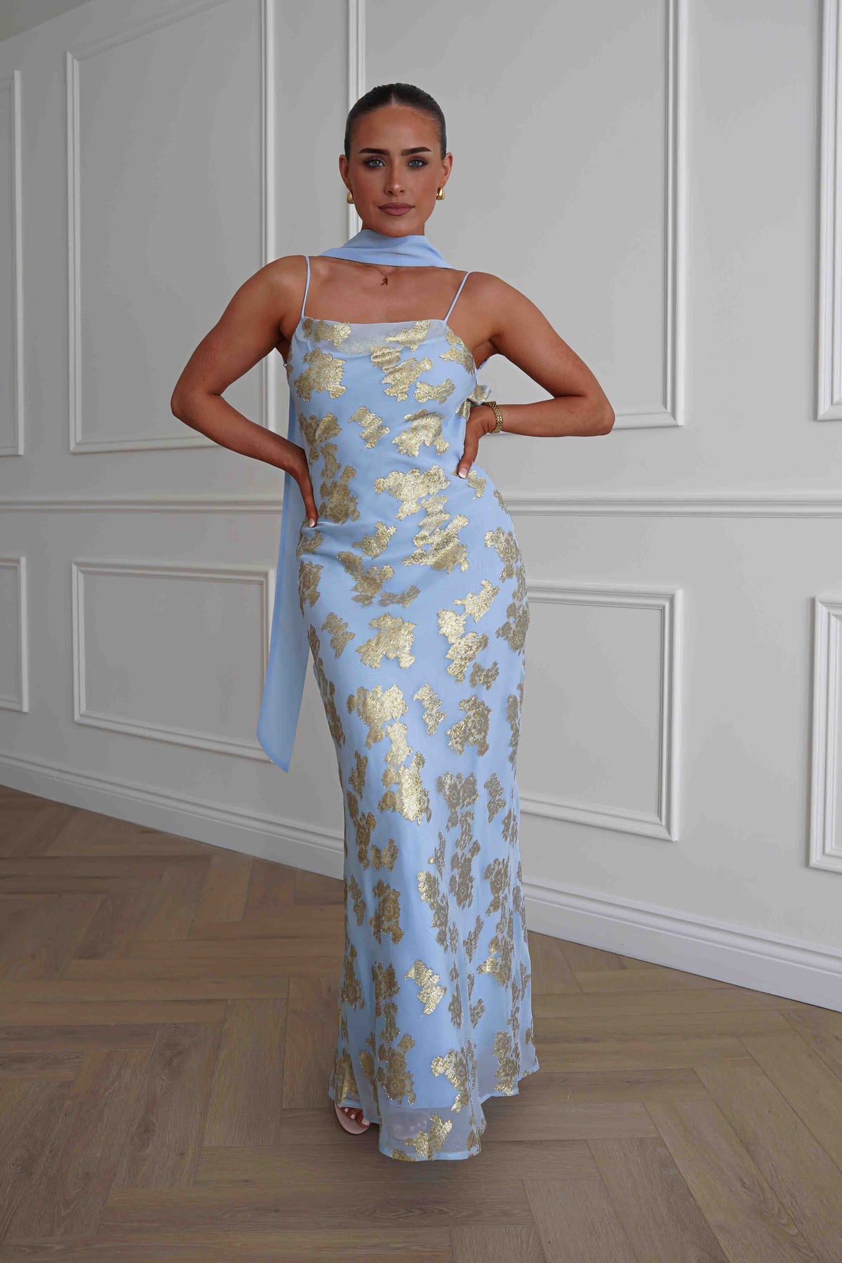 Auria Gold Textured Floral Applique Maxi Dress | Blue-Oh Hello Clothing