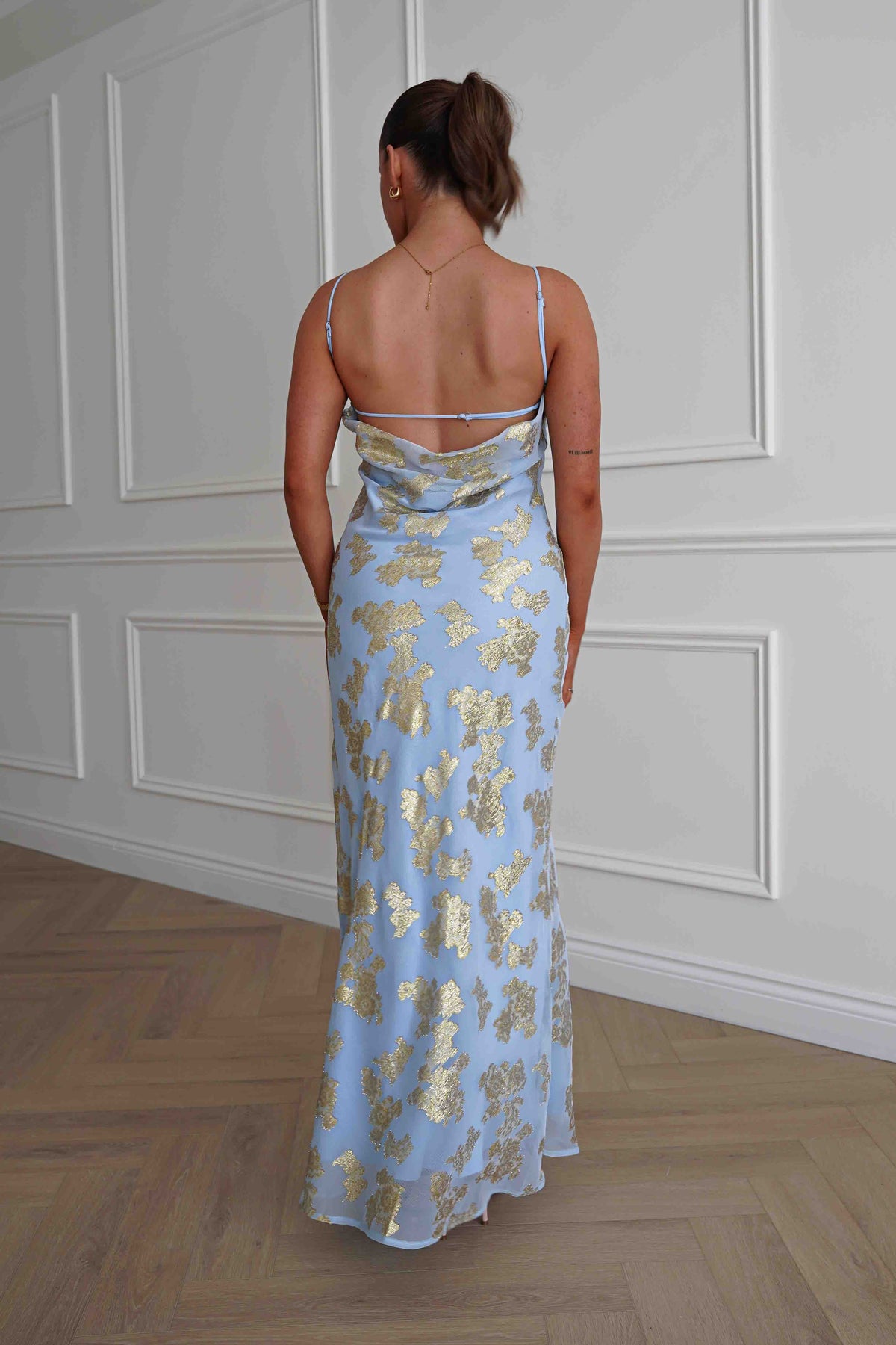 Auria Gold Textured Floral Applique Maxi Dress | Blue-Oh Hello Clothing