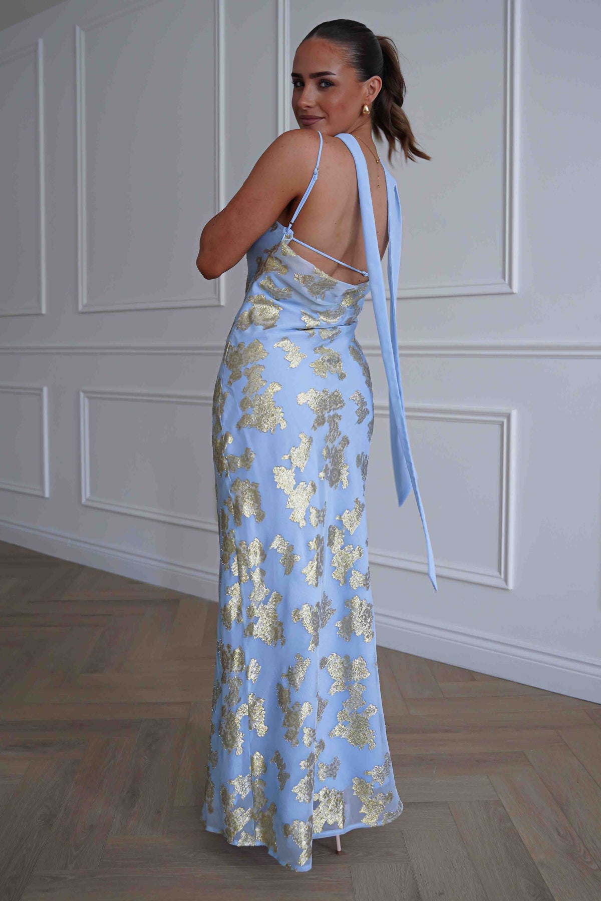 Auria Gold Textured Floral Applique Maxi Dress | Blue-Oh Hello Clothing