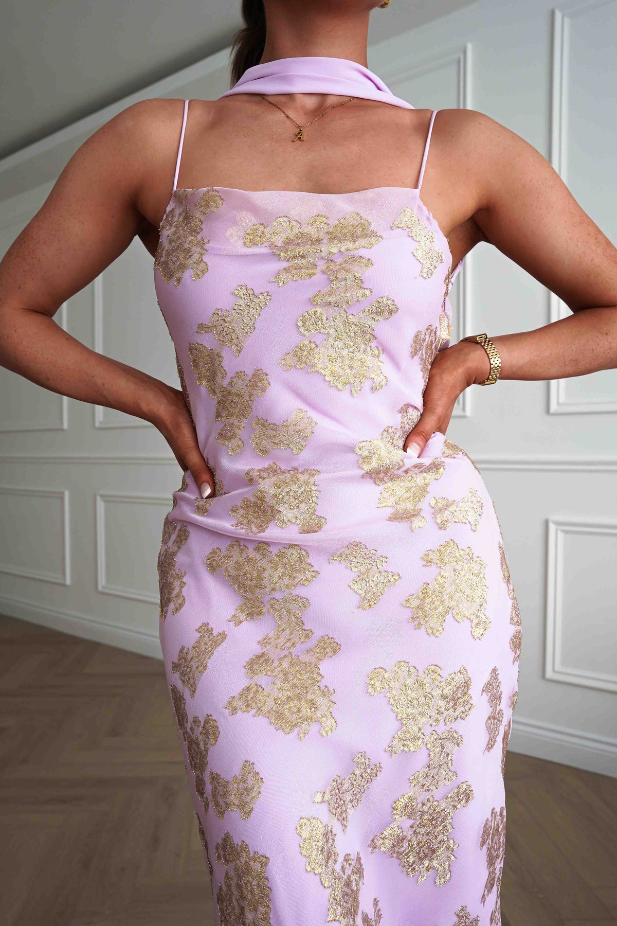Auria Gold Textured Floral Applique Maxi Dress | Pink-Oh Hello Clothing