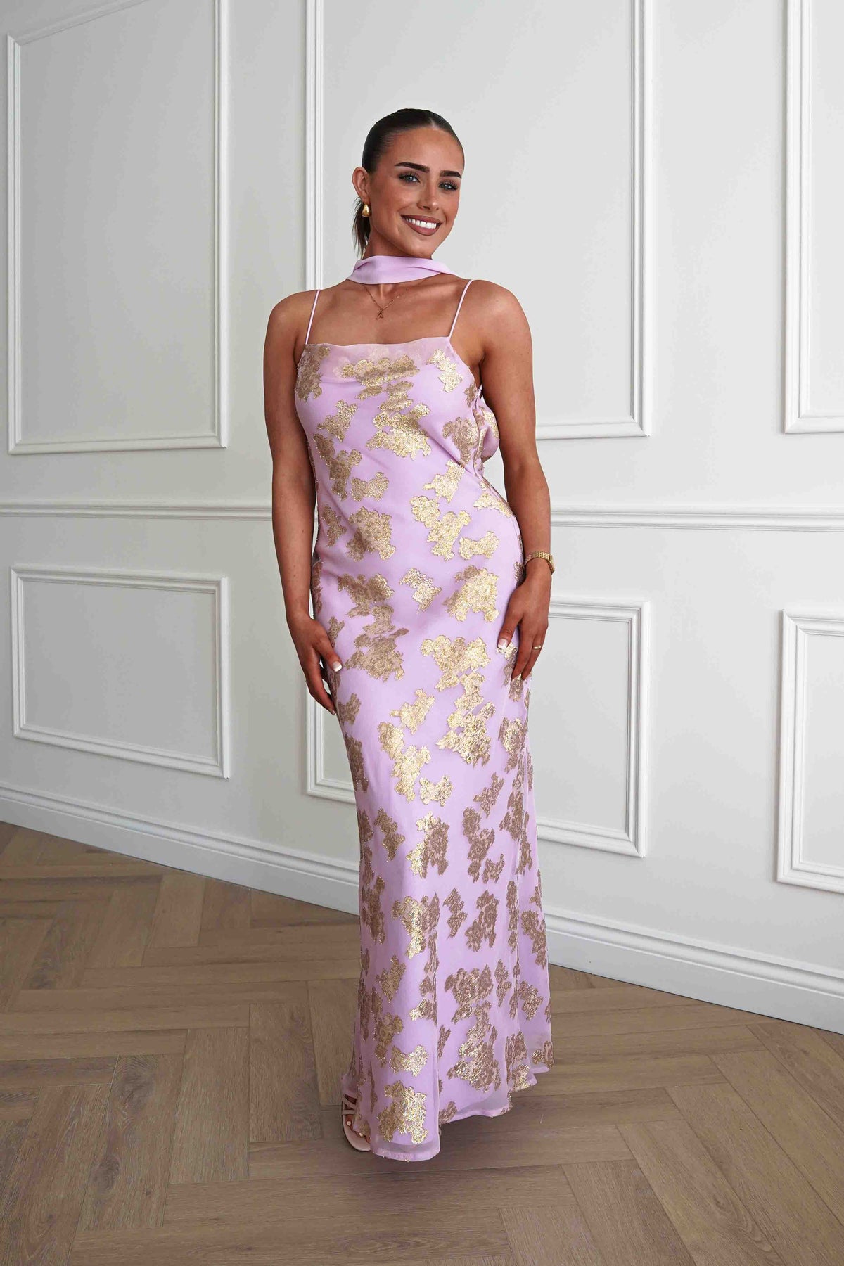 Auria Gold Textured Floral Applique Maxi Dress | Pink-Oh Hello Clothing