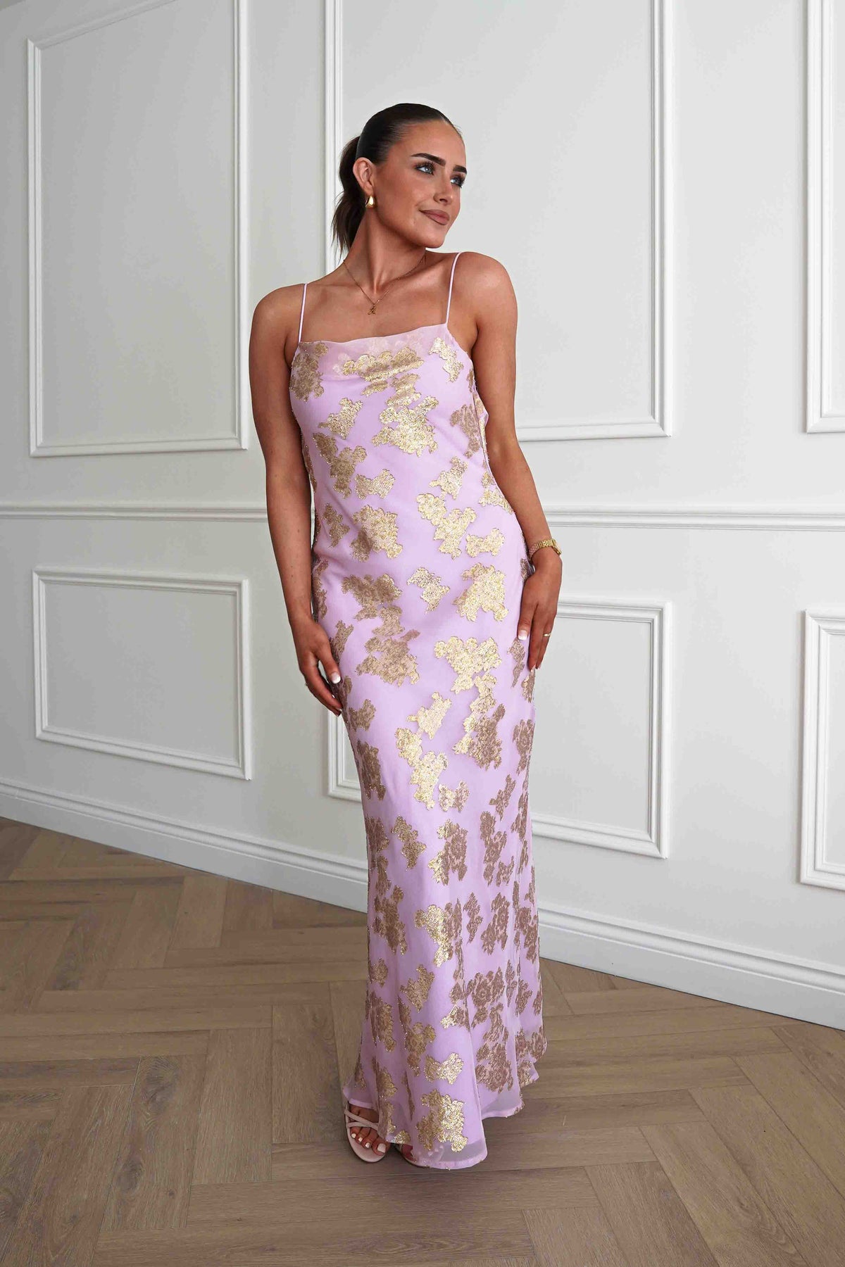 Auria Gold Textured Floral Applique Maxi Dress | Pink-Oh Hello Clothing