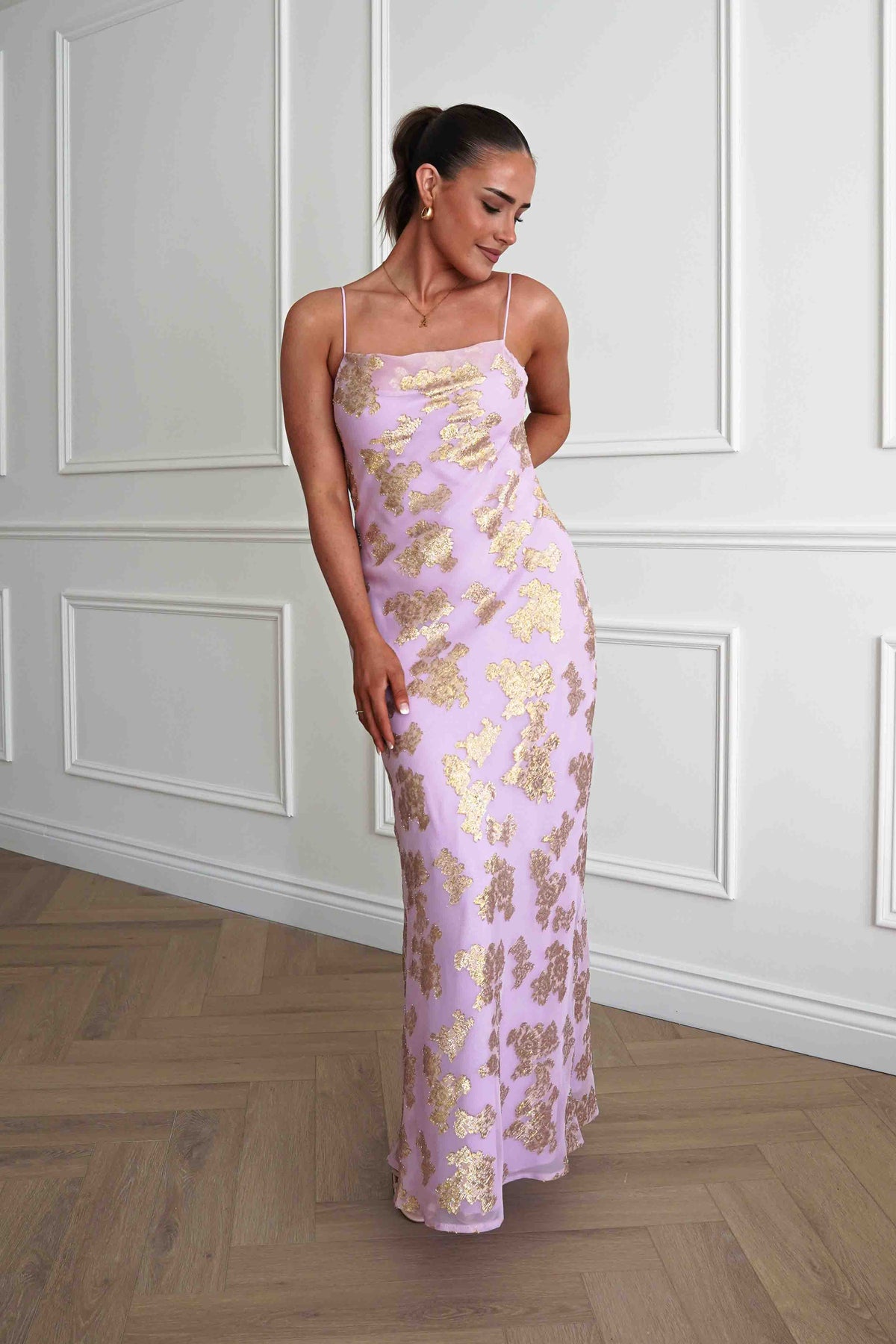 Auria Gold Textured Floral Applique Maxi Dress | Pink-Oh Hello Clothing
