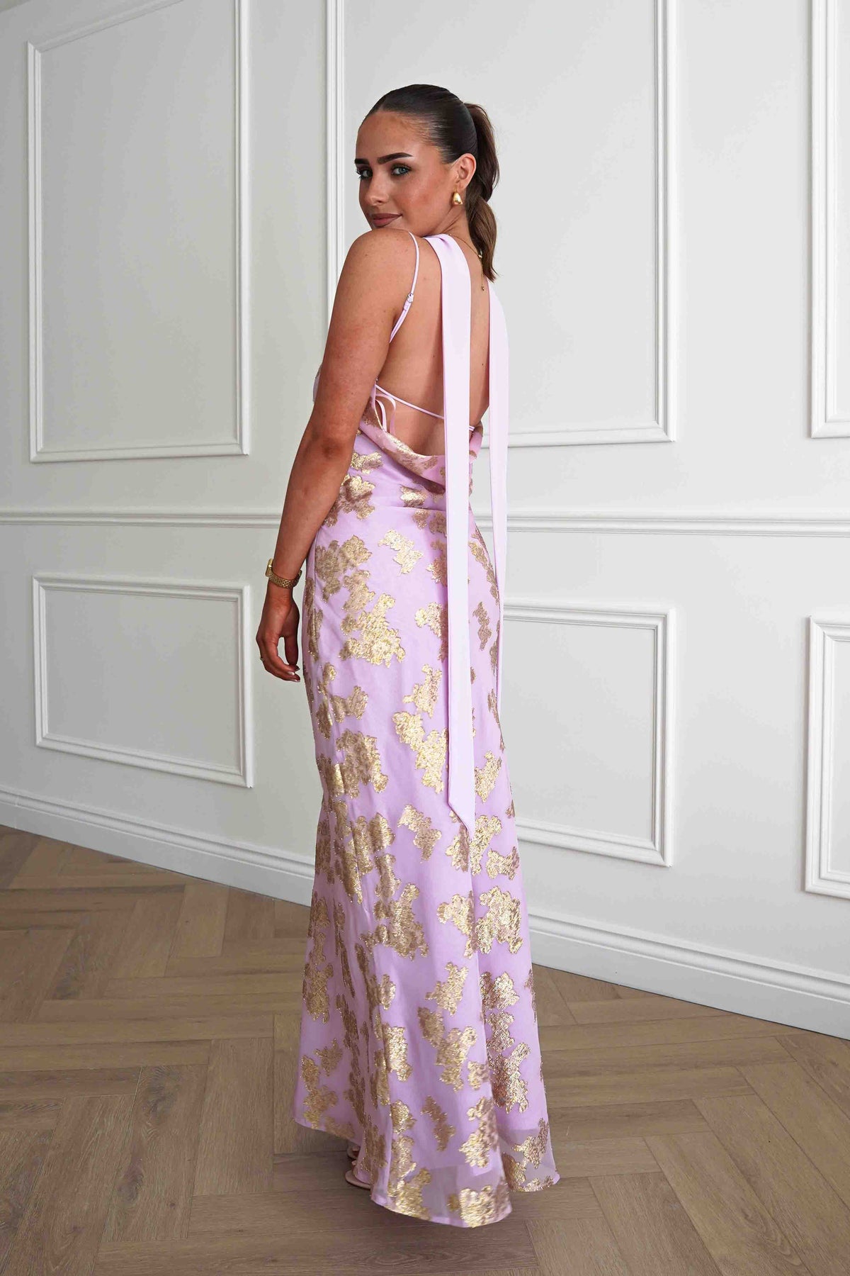 Auria Gold Textured Floral Applique Maxi Dress | Pink-Oh Hello Clothing