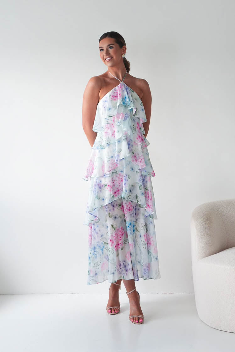Aurora Halternack Floral Ruffle Maxi Dress-Oh Hello Clothing