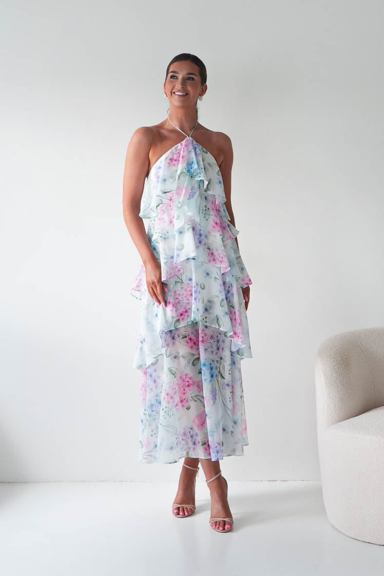 Aurora Halternack Floral Ruffle Maxi Dress-Oh Hello Clothing