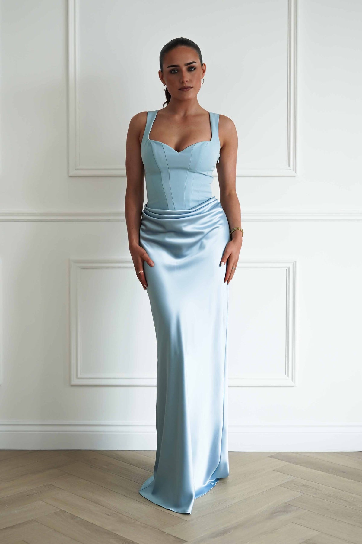 Avery Ruched Sweetheart Satin Maxi Dress | Blue-Oh Hello Clothing