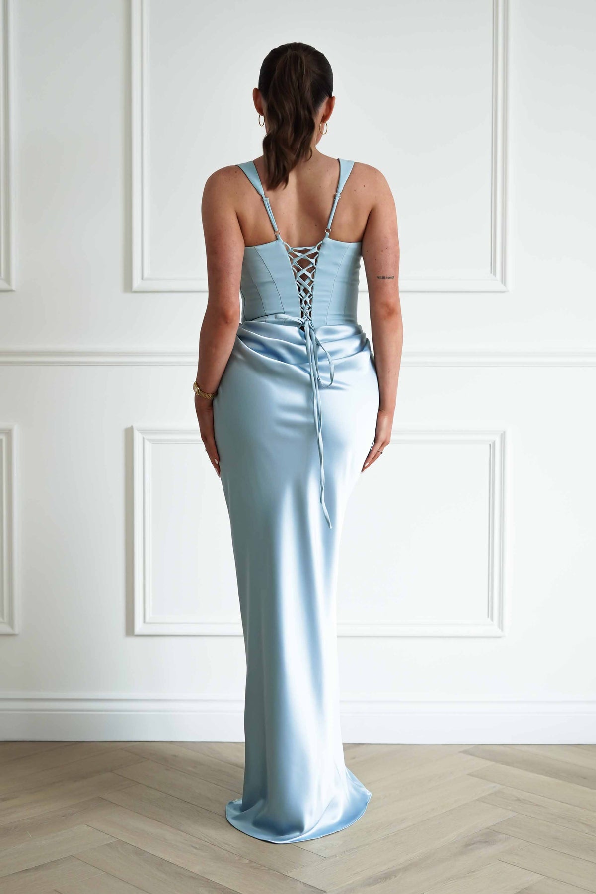 Avery Ruched Sweetheart Satin Maxi Dress | Blue-Oh Hello Clothing