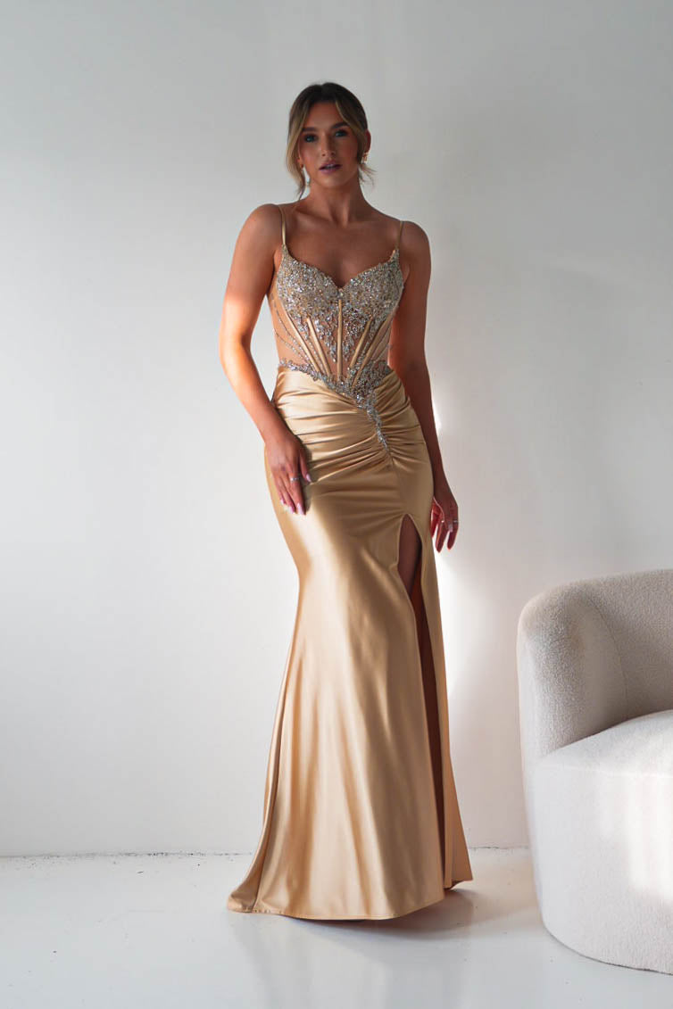 Becca Embellished Corset Evening Gown | Gold-Oh Hello Clothing