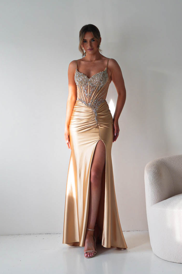 Becca Embellished Corset Evening Gown | Gold-Oh Hello Clothing