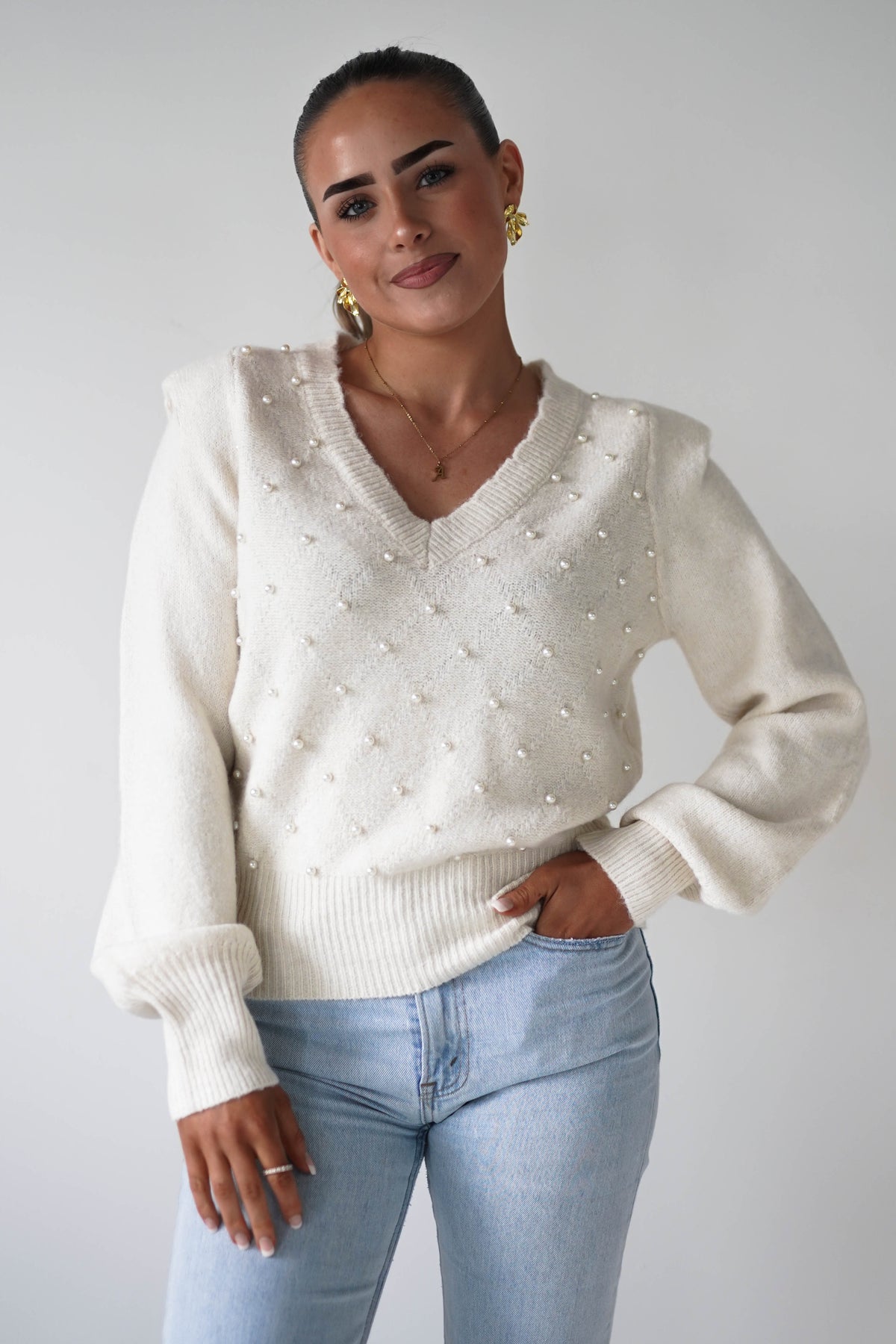 Becci Pearl Detail V-Neck Knit Jumper | Cream-Oh Hello Clothing