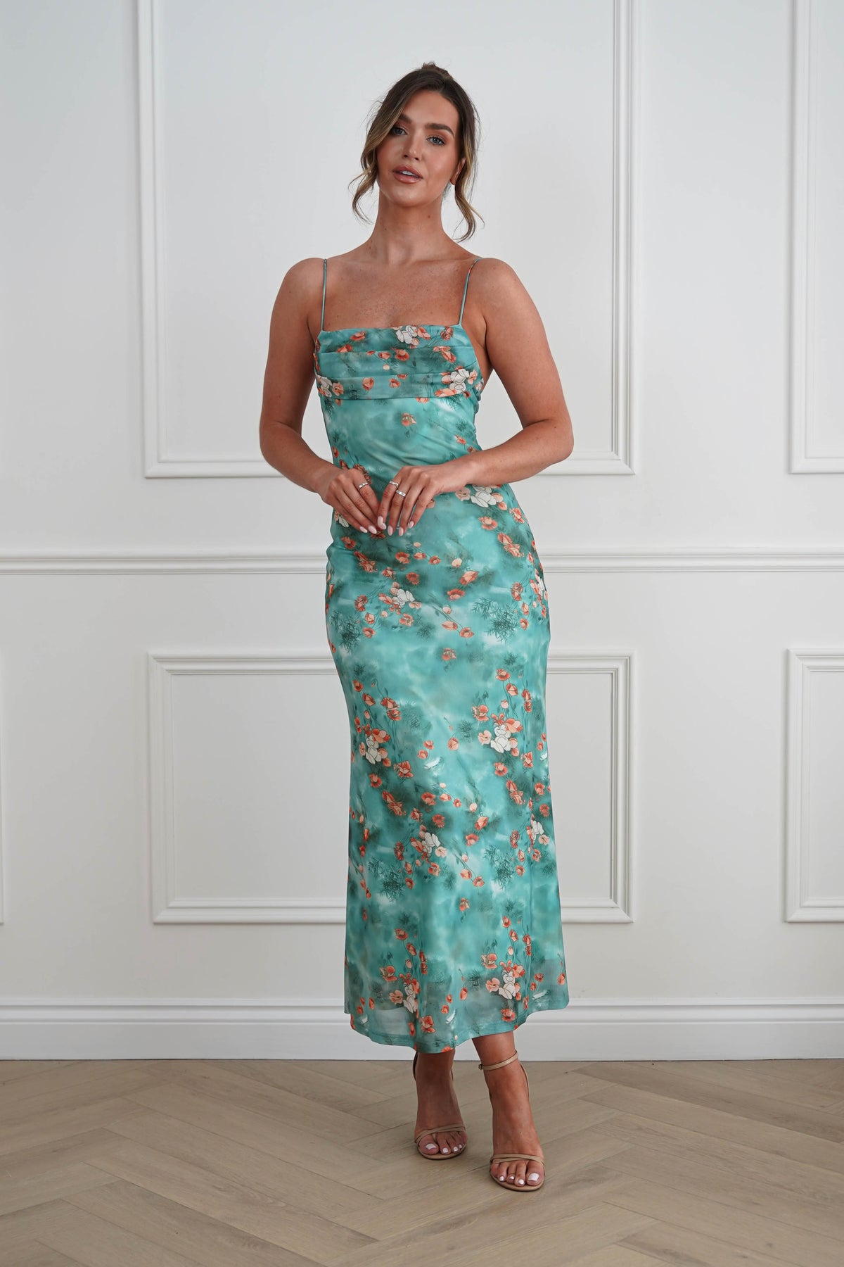 Belara Cowl Neck Slip Printed Midi Dress | Green-Oh Hello Clothing