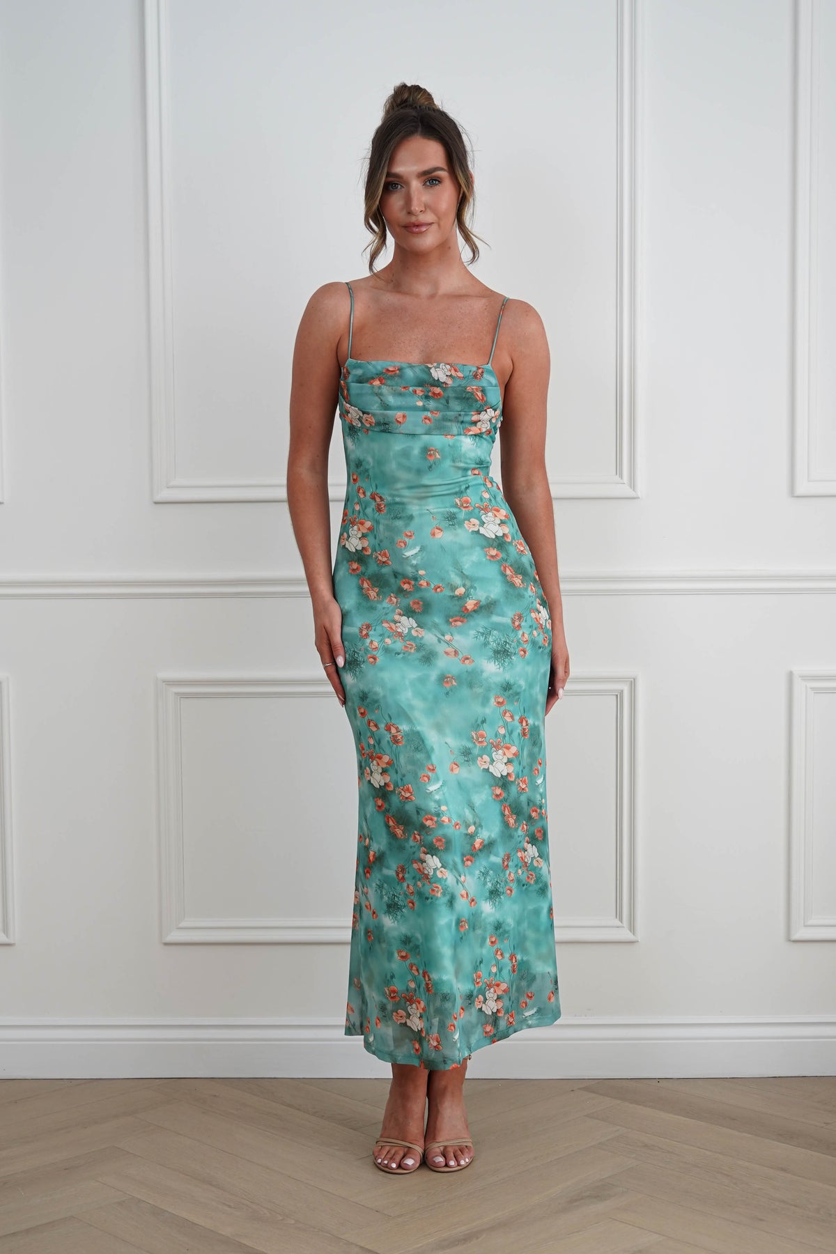 Belara Cowl Neck Slip Printed Midi Dress | Green-Oh Hello Clothing